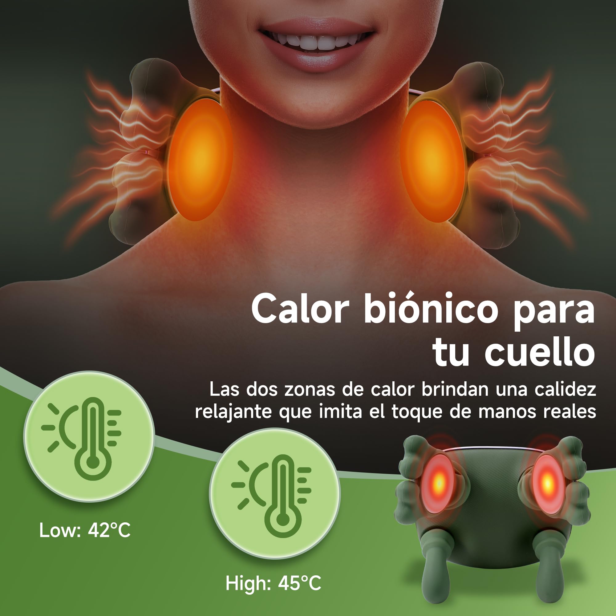 Masajeador Cervical y Espalda 4D a Mano Biónica, Masajeador Cuello Eléctrico con 3 Niveles de Intensidad y 2 Niveles de Calor (Verde)