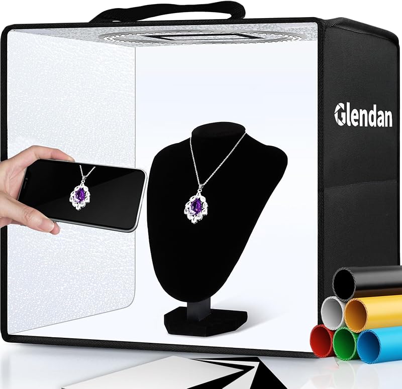 Glendan Caja de luz portátil para estudio fotográfico, kit de tienda de campaña profesional regulable de 12 x 12 pulgadas con 112 luces LED y 6 fondos para joyería y artículos pequeños Fotografía de productos