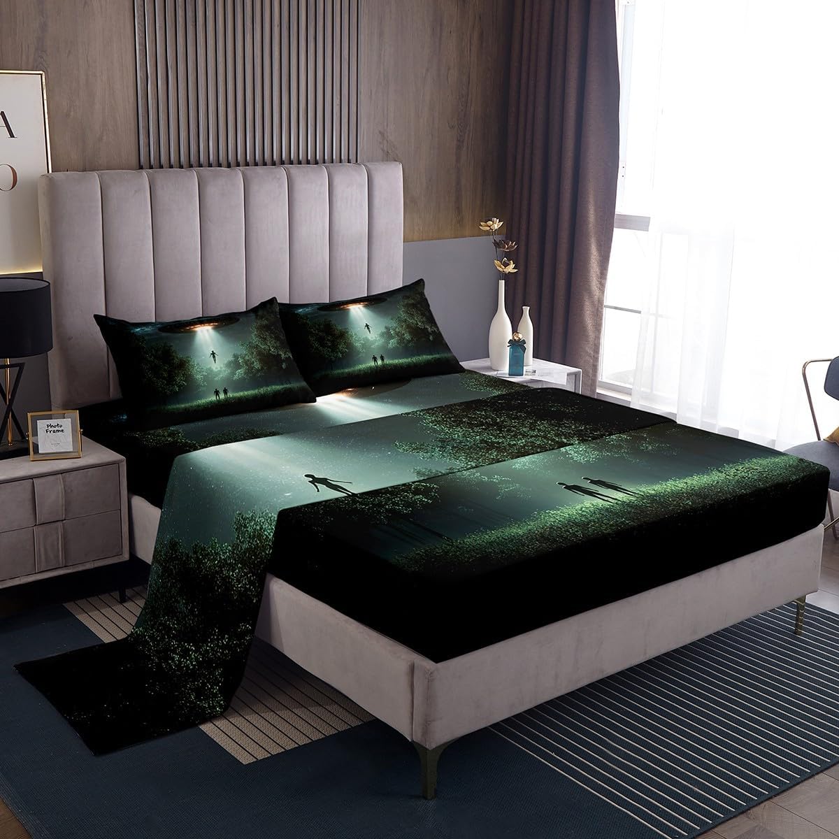 Feelyou UFO Bed Sheets Queen Size for Adult Boys Girls UFO Pattern Sheet Set UFO Light Bed Set Dark Green Sheets 4Pcs,1 Fitted Sheet+2 Pillow Sham+1 Flat Sheet
