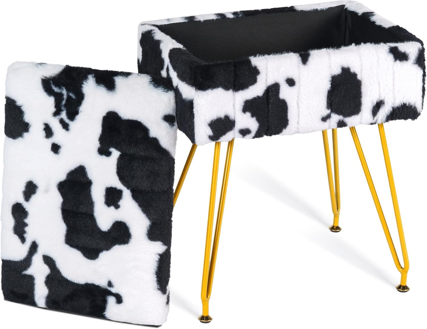 Multifunctional Vanity Stool Chair for Vanity, Padded Seat, Storage Ottoman in Rectangle Fuzzy Fluffy Design, Footrest and 4 Gold Legs for Makeup Room, Bedroom, Living Room, Cow