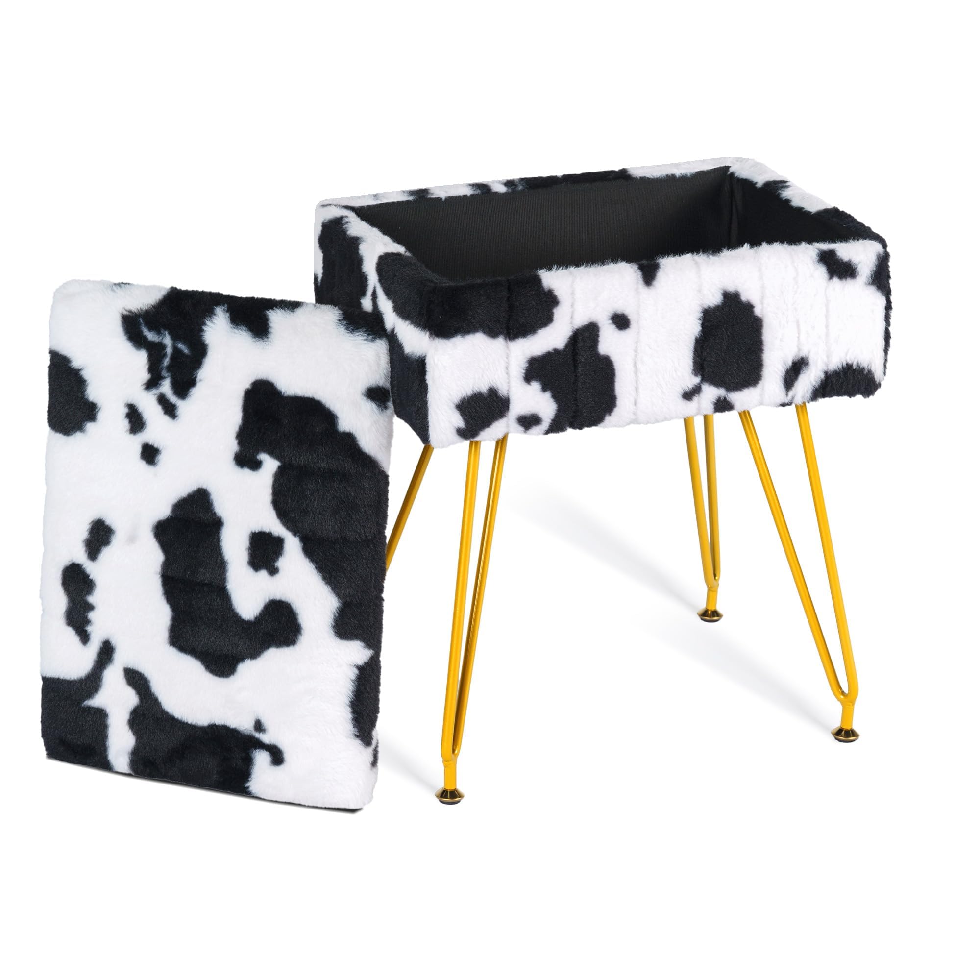 MOOWIND Multifunctional Vanity Stool Chair for Vanity, Padded Seat, Storage Ottoman in Rectangle Fuzzy Fluffy Design, Footrest and 4 Gold Legs for Makeup Room, Bedroom, Living Room, Cow