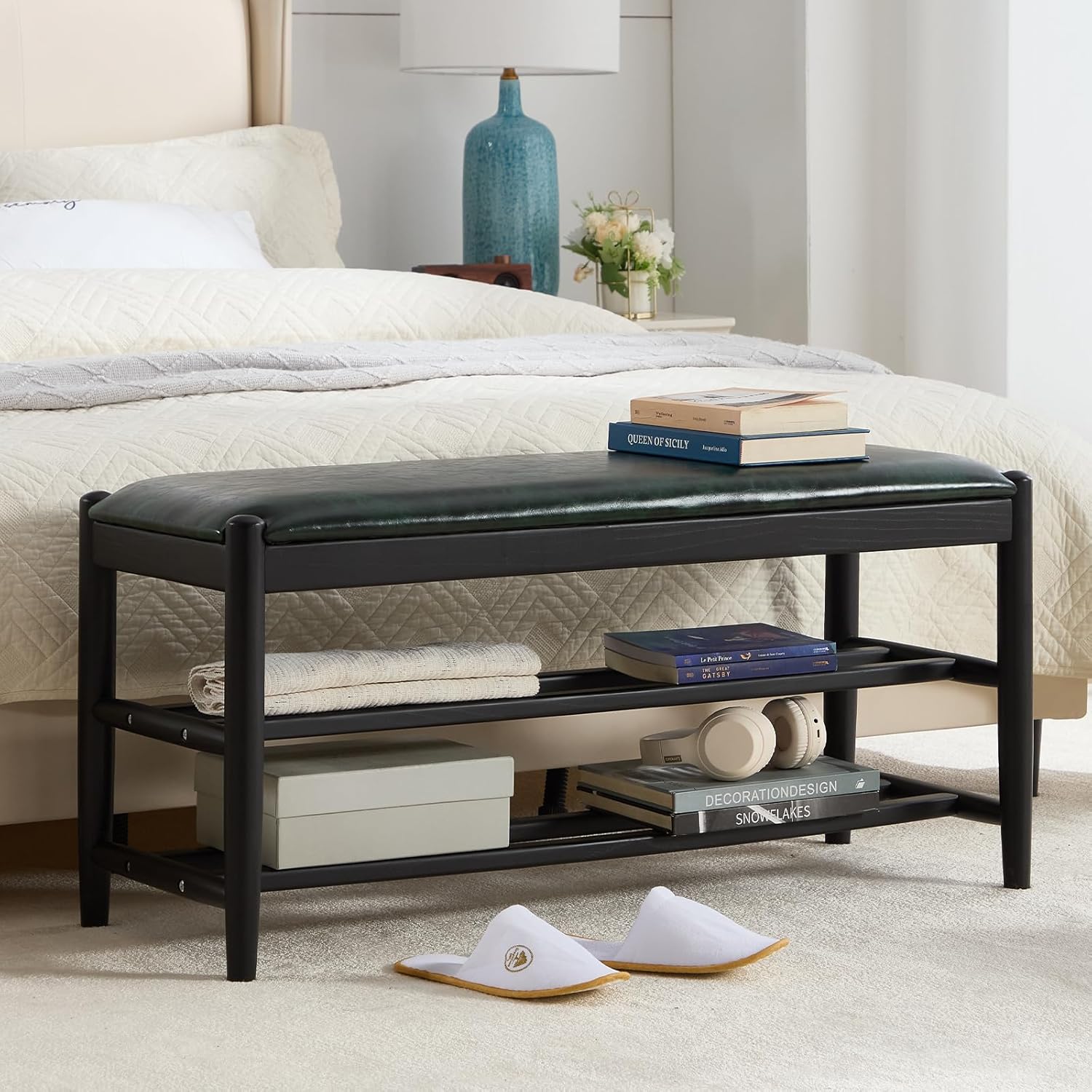 Shoe Bench, Solid Oak Wood Entryway Bench with Storage, 3-Tier Shoe Storage Bench with PU Leather Seat, Mid Century Shoe Rack Benches for Hallway, Bedroom, Living Room, 39.4" Blackish Green