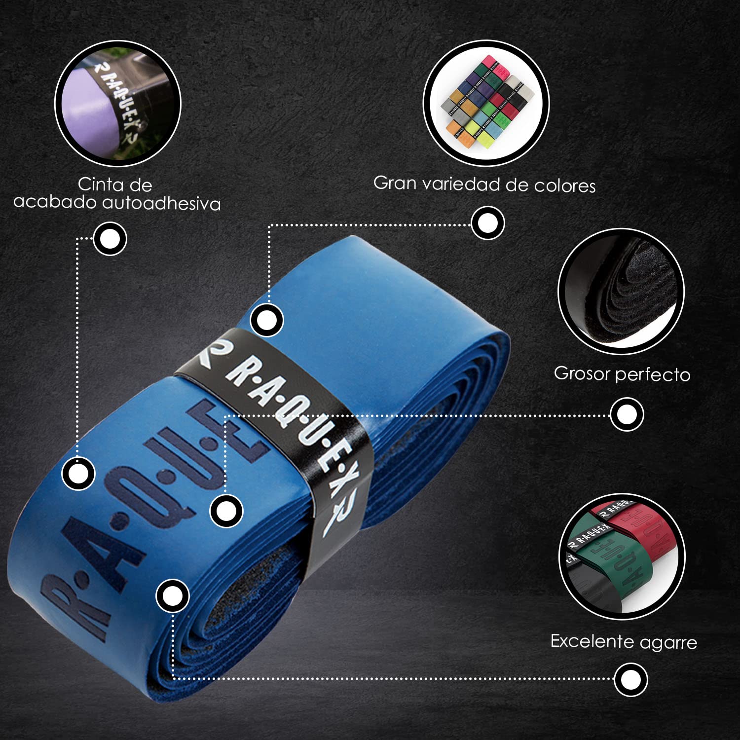 Raquex Grip Autoadhesiva para Raqueta: Pádel, Tenis, Bádminton, Squash - Pegajoso, Duradero, Absorbente, 14 Colores