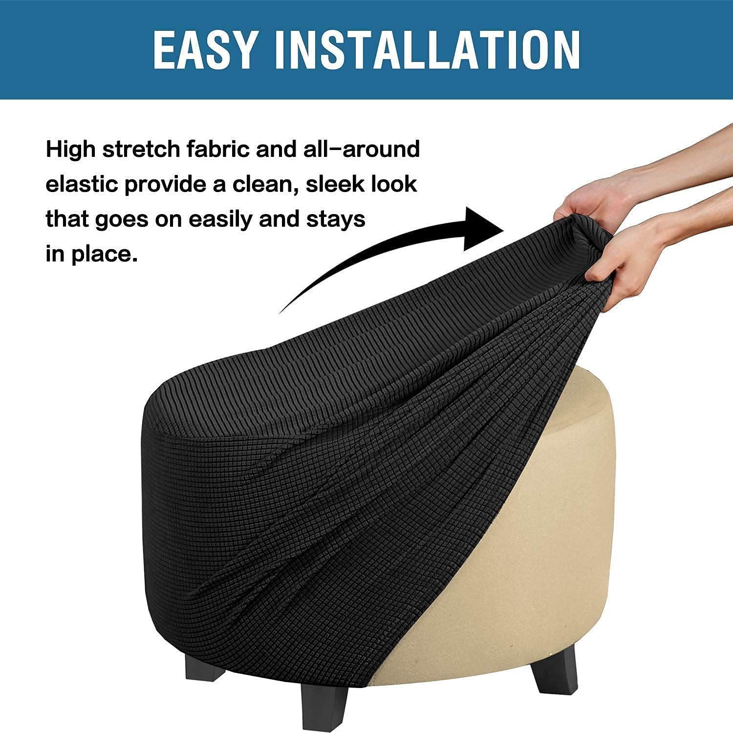 H.VERSAILTEX 2 Piece Wing Chair Covers Bundles Round Ottoman Slipcover(Medium, Black)