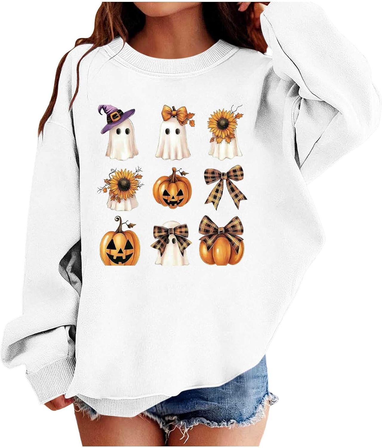 Girls Ghost Pumpkin Sunflower Grid Halloween Sweatshirt Pullover