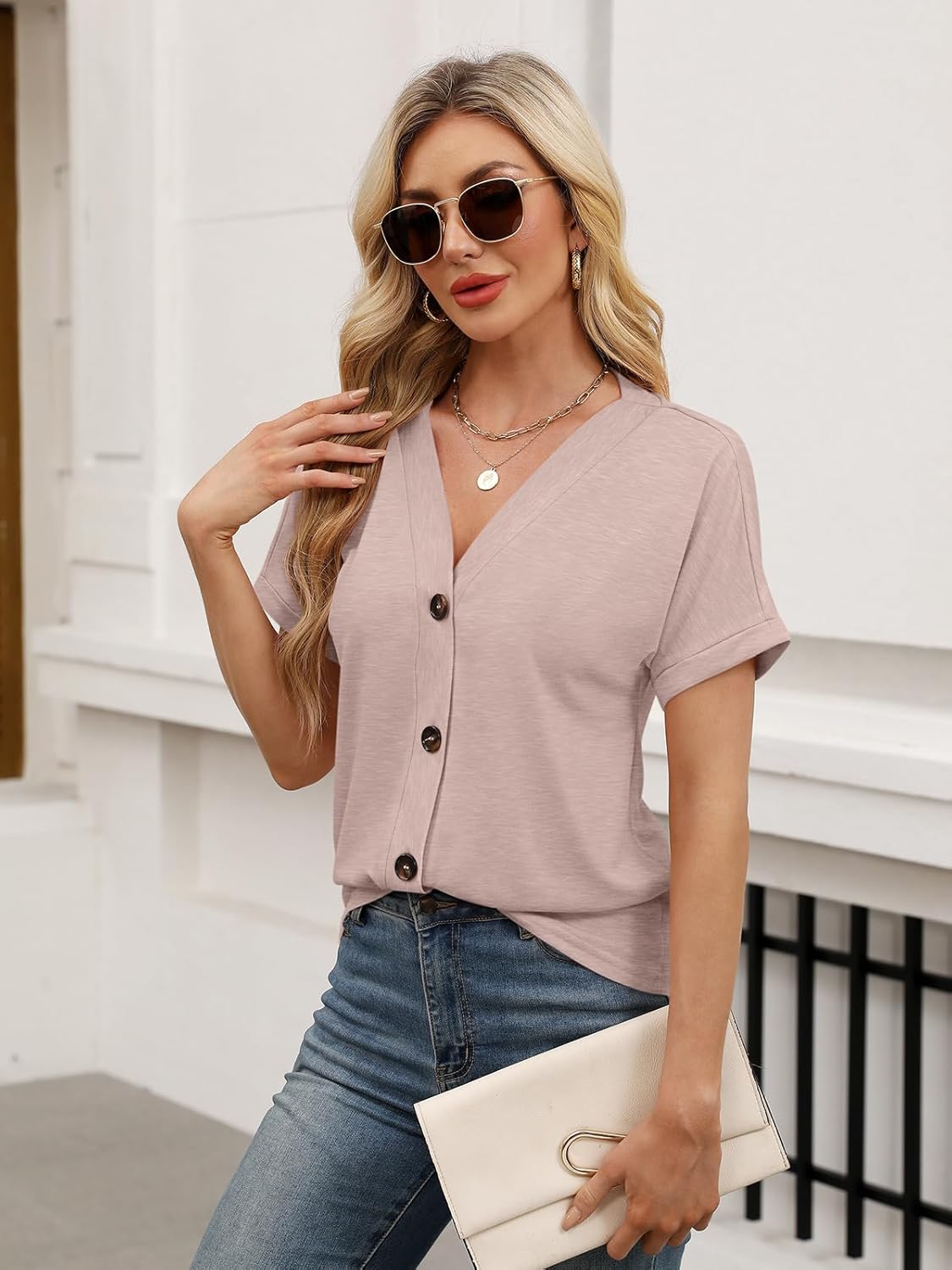 Womens Summer Tops Short Sleeve Button Down Shirts Casual V Neck T Shirts Trendy Tunic Tops - Image 4