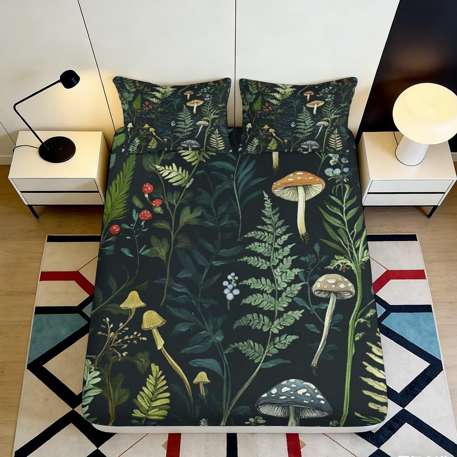 3D Printed Forest Botanical Fitted Sheet Microfiber Soft Green Mushroom Mattress Cover for Bedroom Dorm Decor Protection 90x200x25cm