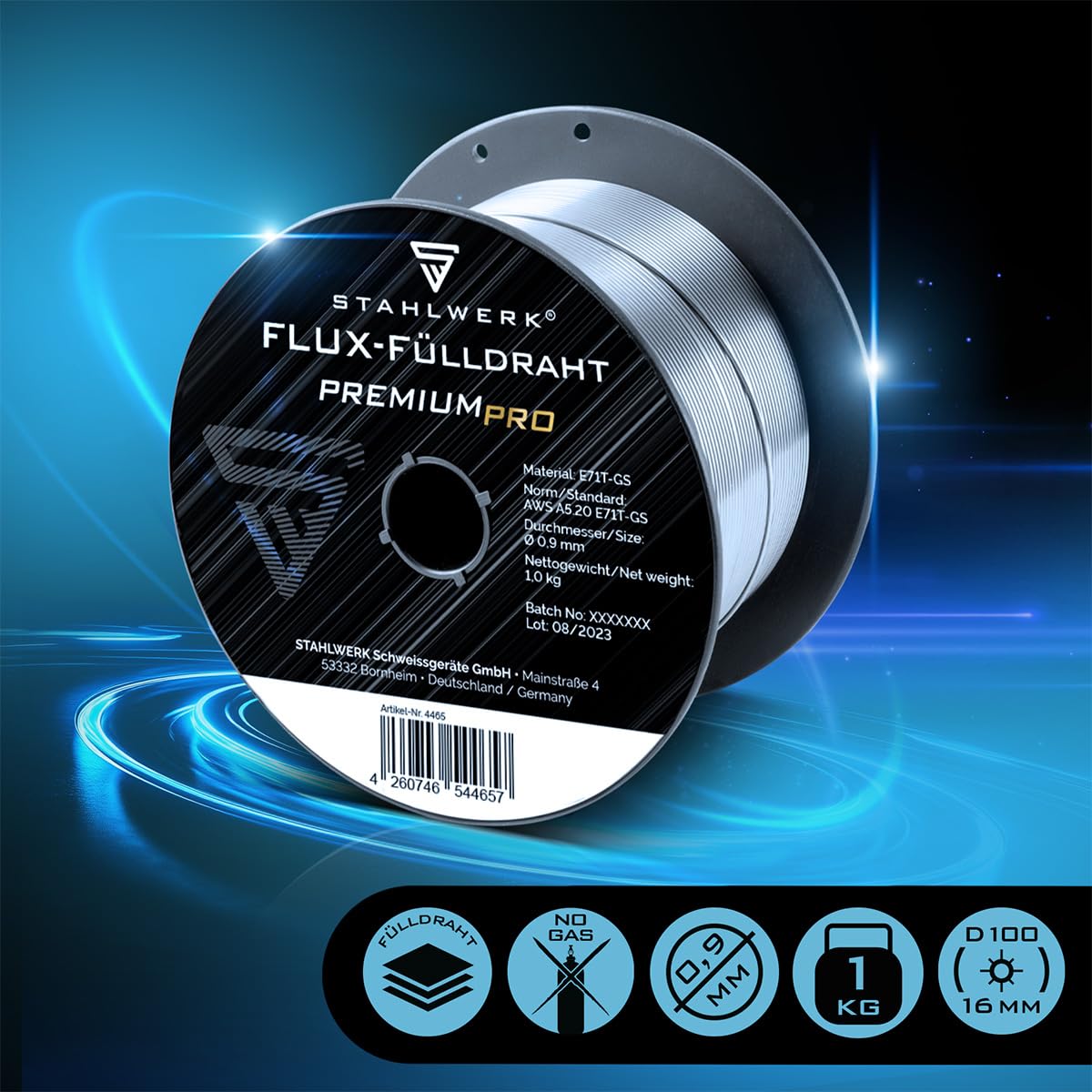 STAHLWERK Set de 3 fils fourrés FLUX - E71T-GS 0,9 mm, bobine de fil de 1 kg D100, bobine de fil pour mandrin de 16 mm, fil de soudage premium, matériau d'apport, fil de soudage universel