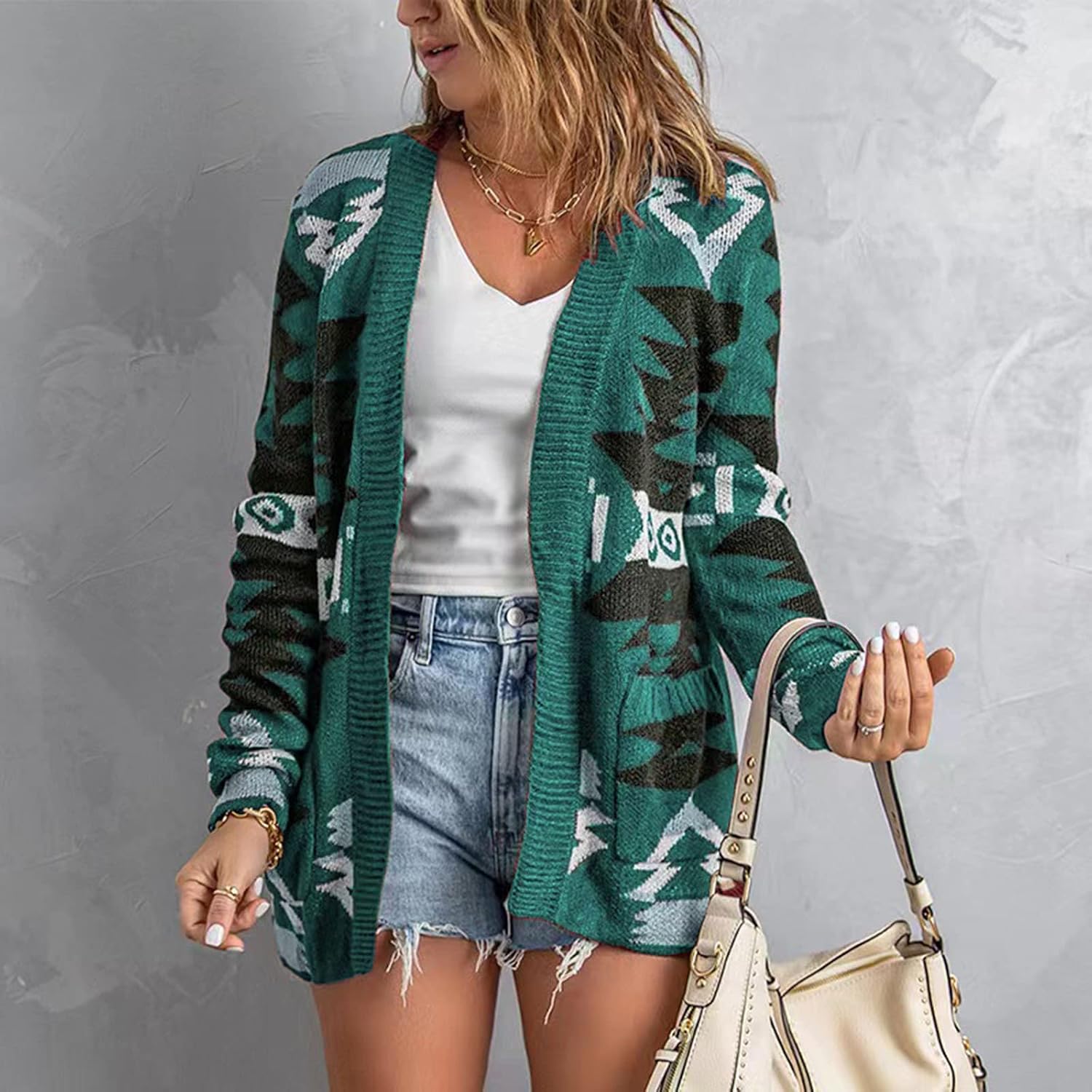 Women's Tribal Aztec Boho Cardigan Sweater Vintage Ethnic Style Open Front Lightweight Knitted Sweater with Pockets