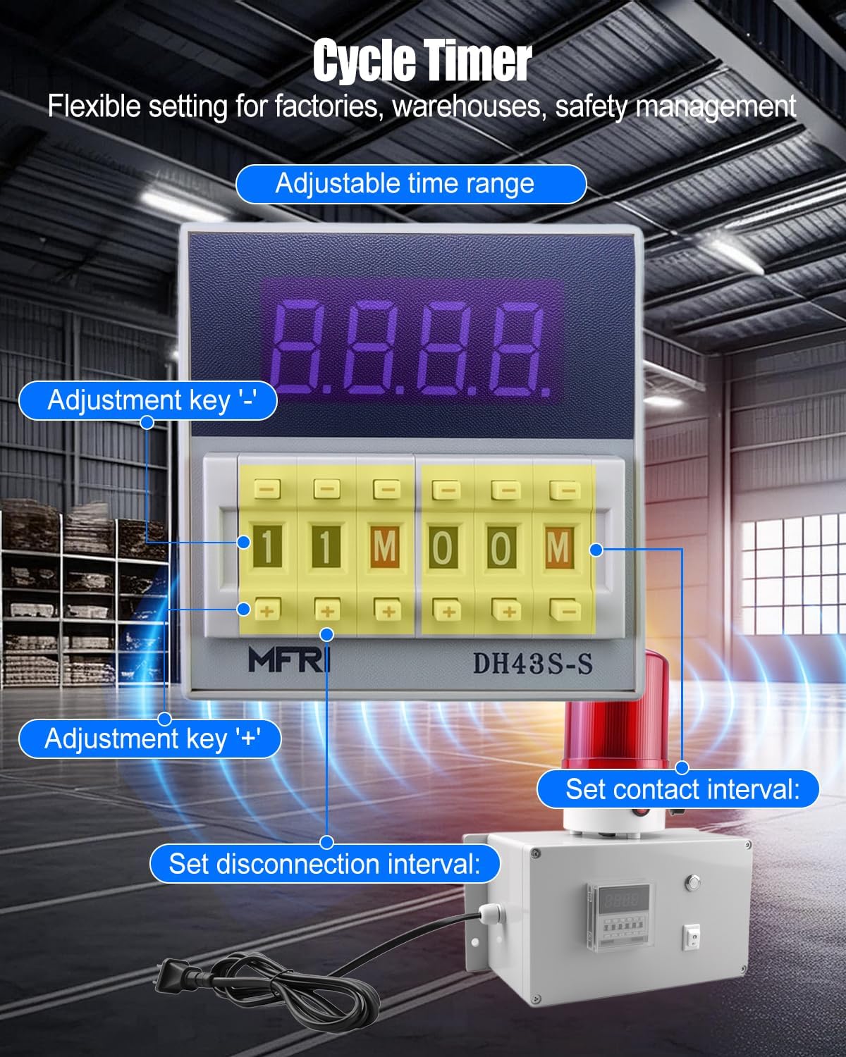 AC110V Industrial Cycle Timing Siren Alarm, 0-110dB Adjustable Volume Cycle Timer Alarm, with Luminous Flashing Light