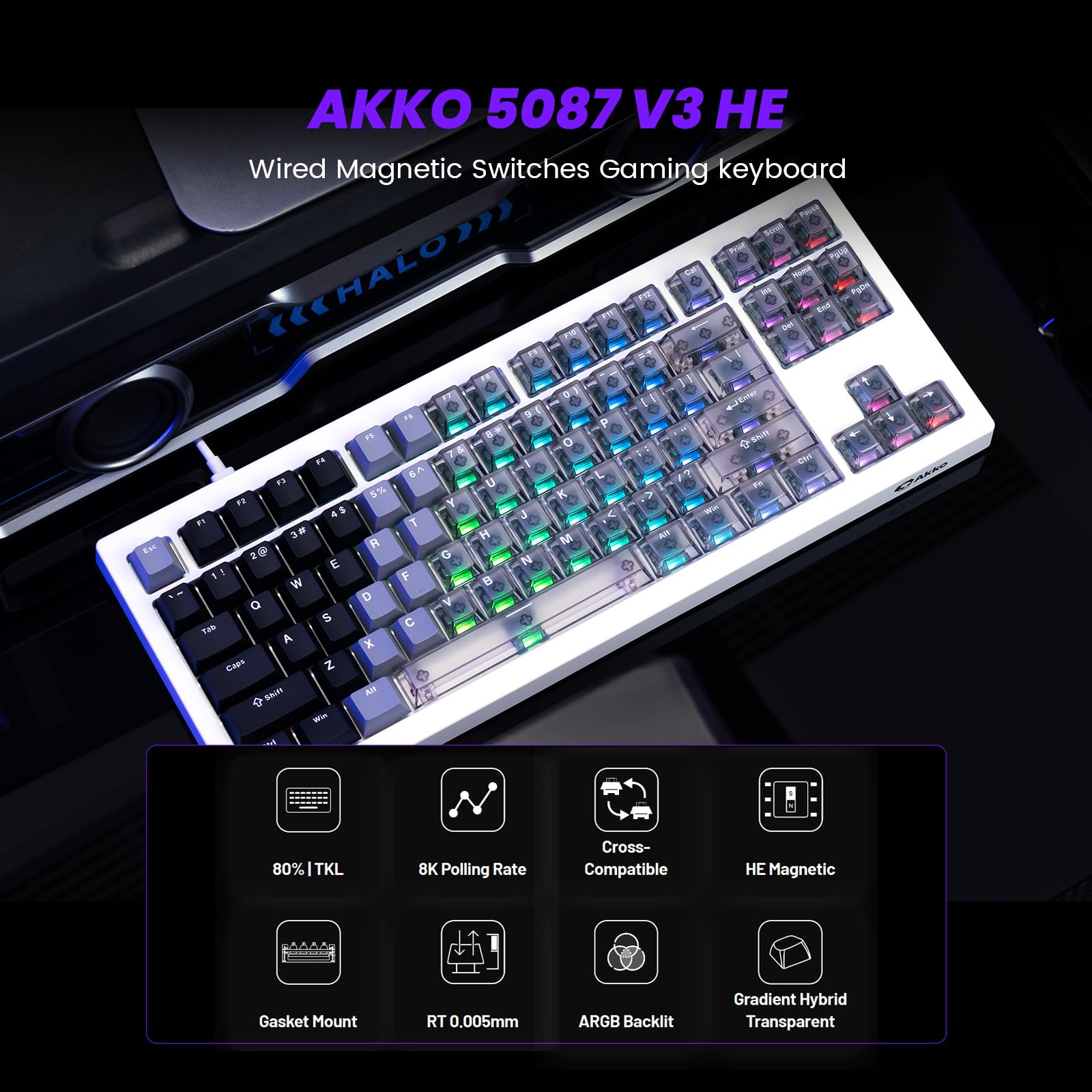 Akko 5087 V3 HE klawiatura gamingowa TKL 80% Rapid Trigger 8000 Hz RT 0,005