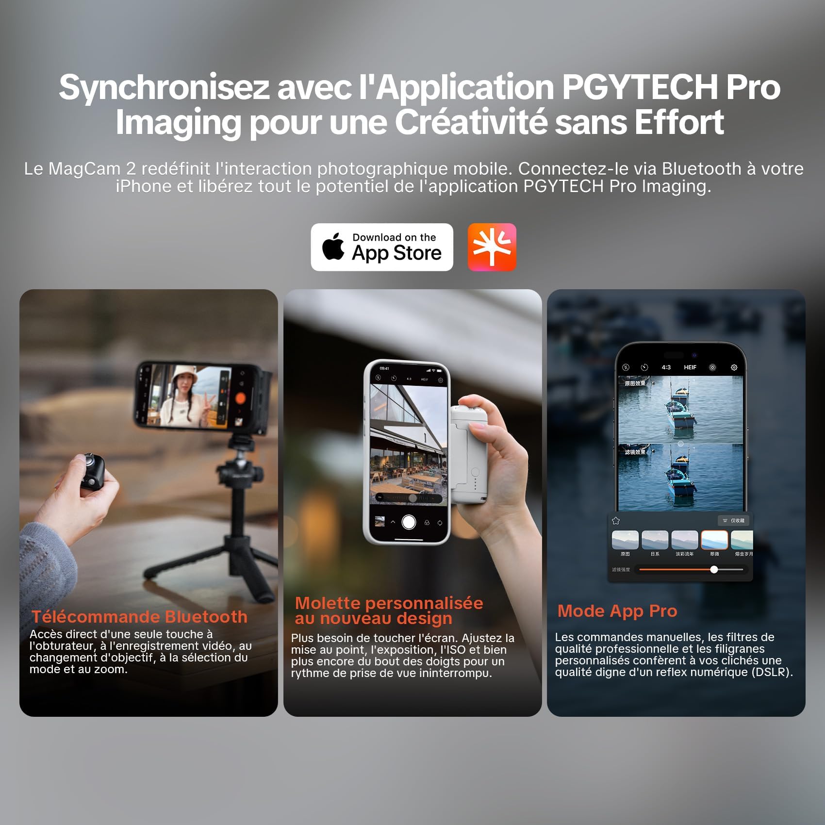 PGYTECH MagCam 2 Impugnatura per Smartphone Kit Modulare 3-in-1, Telecomando Bluetooth, Impugnatura di Ricarica e Supporto Wireless Magnetico MagSafe, per iPhone 12–17/Android 14 (Nero)