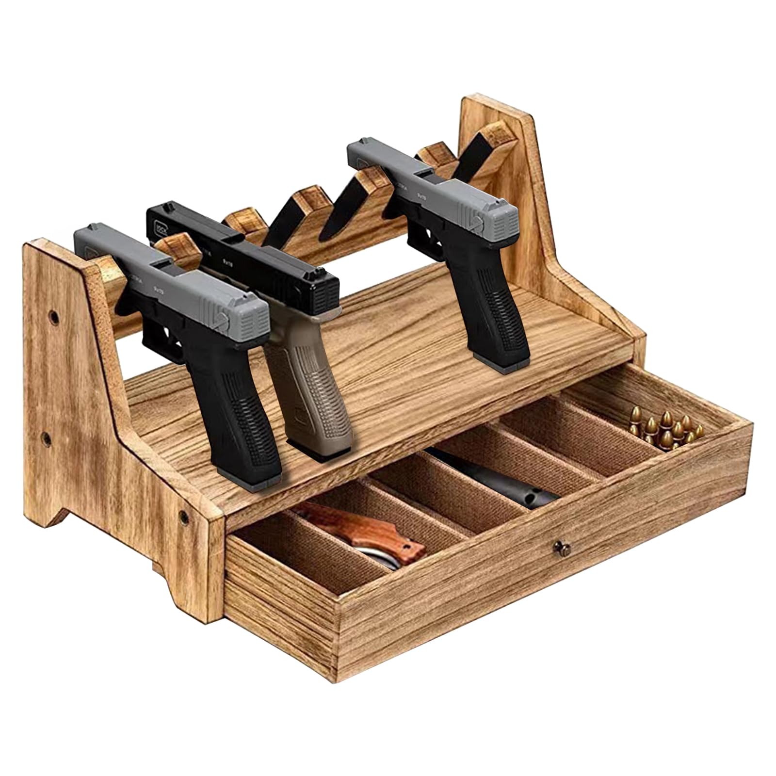Pistolenregal, Spielzeug-Pistolenständer mit Kleiner Aufbewahrungsbox Massivholz-Pistolenständer für die Aufbewahrung von Pistolen, Sichere Pistolenaufbewahrung, Fasst 4 Bis 6 Pistolen