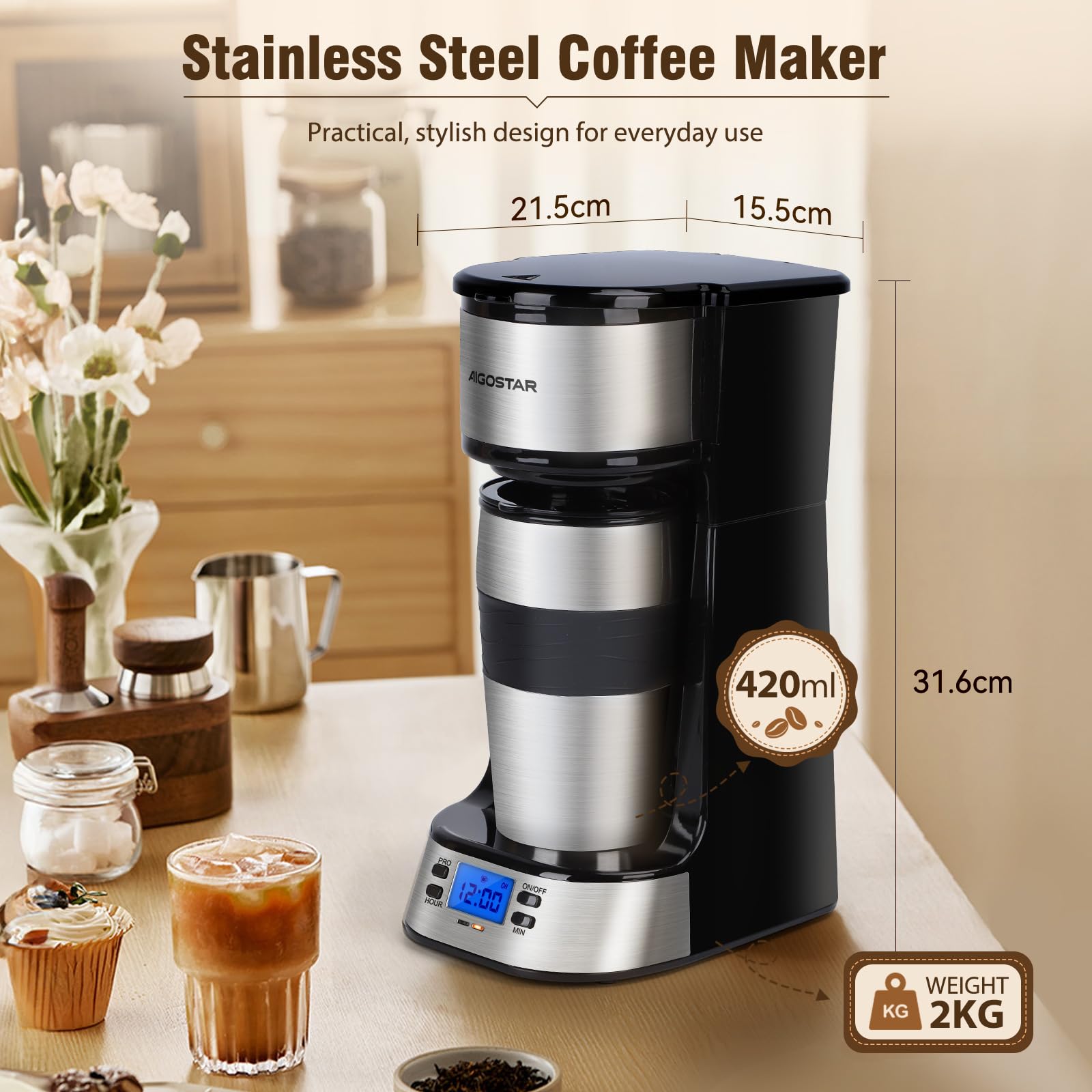 Aigostar - Cafetière Filtre avec 1 tasse isotherme Programmable 24h, Affichage LCD, Machine à café avec Gobelet de voyage de 420 ml et filtre à café réutilisable, 700W, Noir
