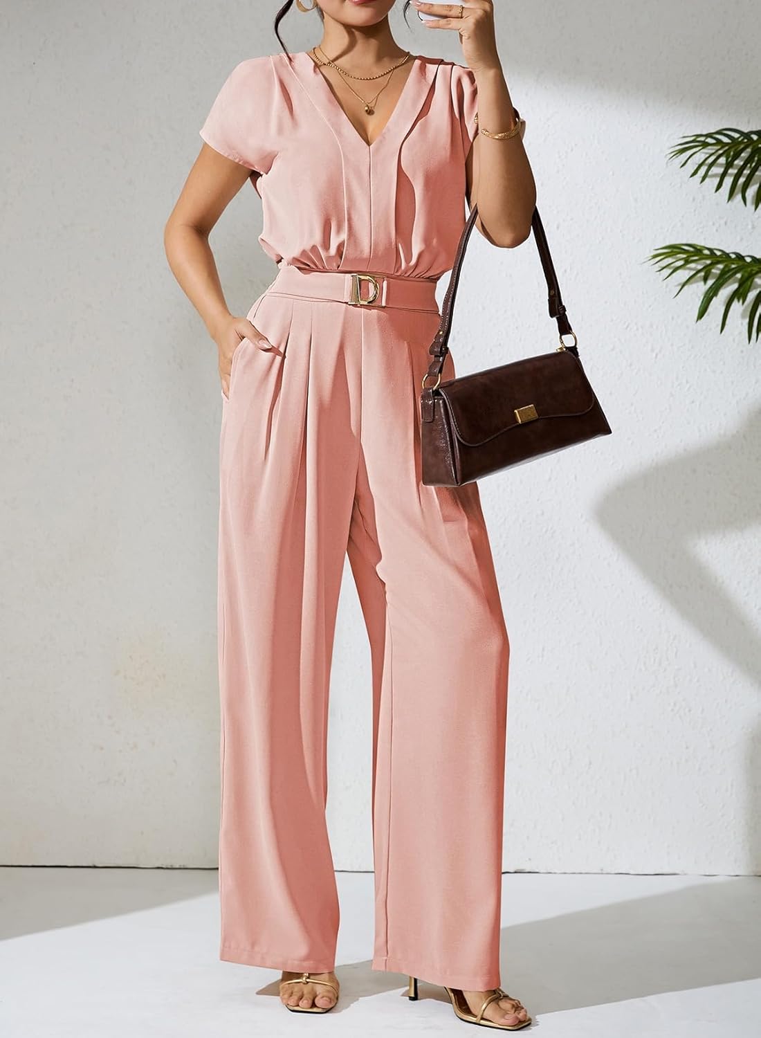 Pink Queen Jumpsuits for Women Dressy V Neck Short Sleeve Wide Leg Rompers Business Casual One Piece Outfits - Image 4