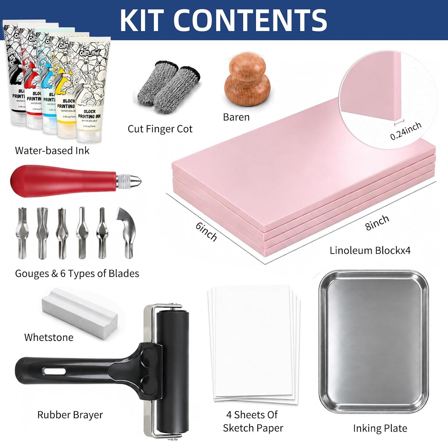 Linocut Printing Kit with Tools, 4 Carving Blocks & 5x75ml Black Print Ink