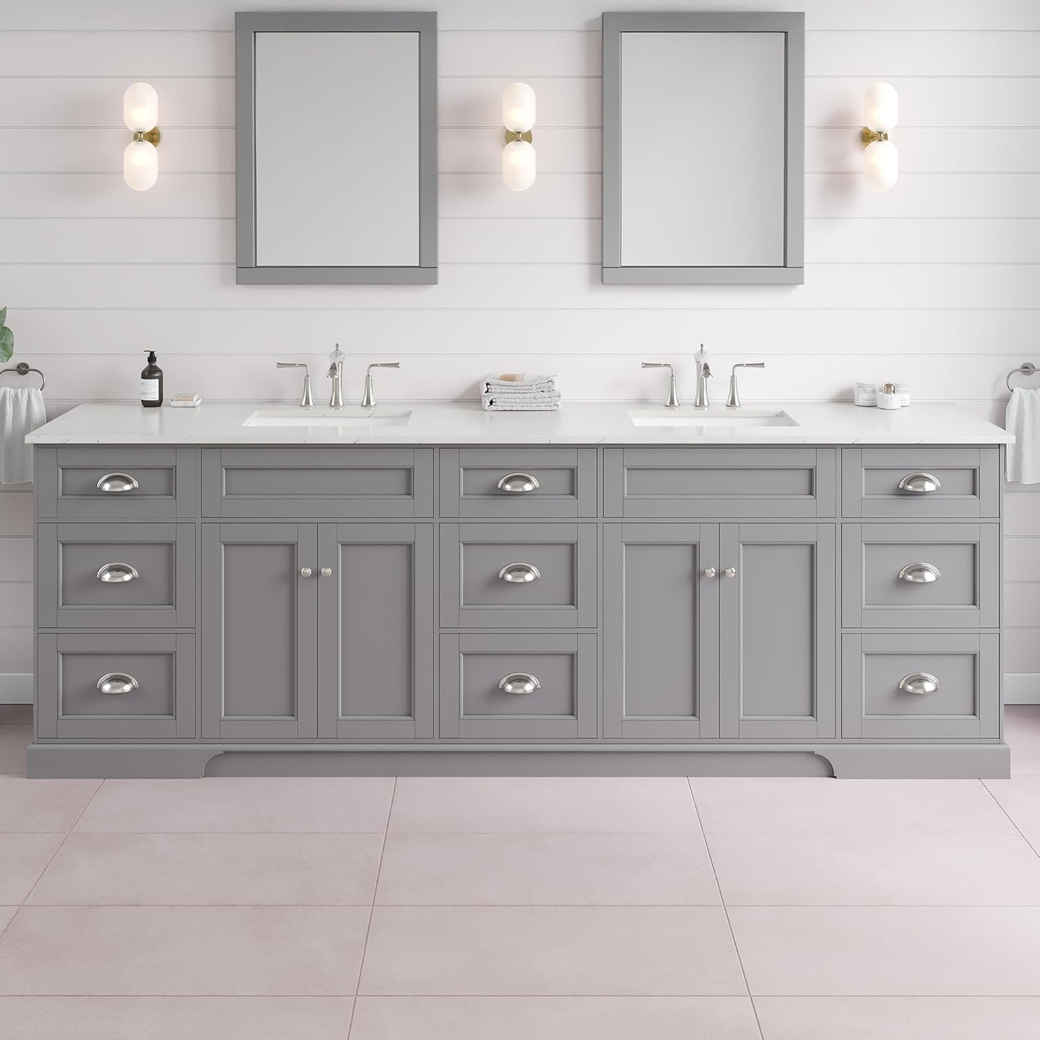 Eviva Epic 96 in. Gray Double Sink Bath Vanity with Carrara Quartz Top and Undermount Porcelain Sinks