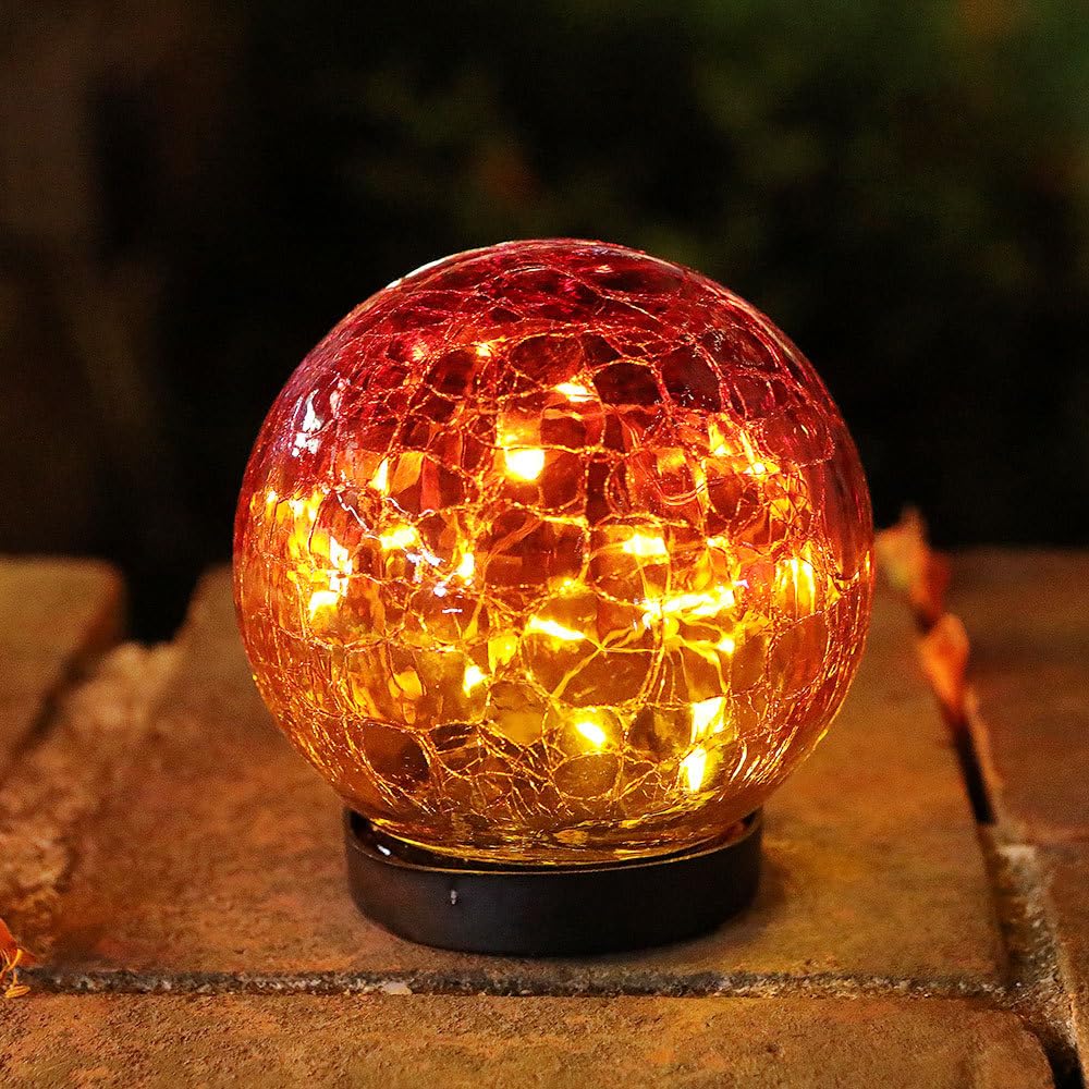 Luz del globo solar al aire libre, 2 piezasLuzes solares impermeables de vidrio agrietado del jardín,Luzes de bola del jardín del paisaje (Rojo gradiente, 10CM 20LED)