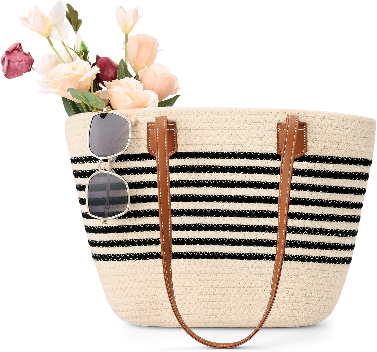 RNIEGA Straw Tote Bag for Women Large Woven Shoulder Bag Lightweight Striped Bag Fashion Travel Beach Handbag for Holiday