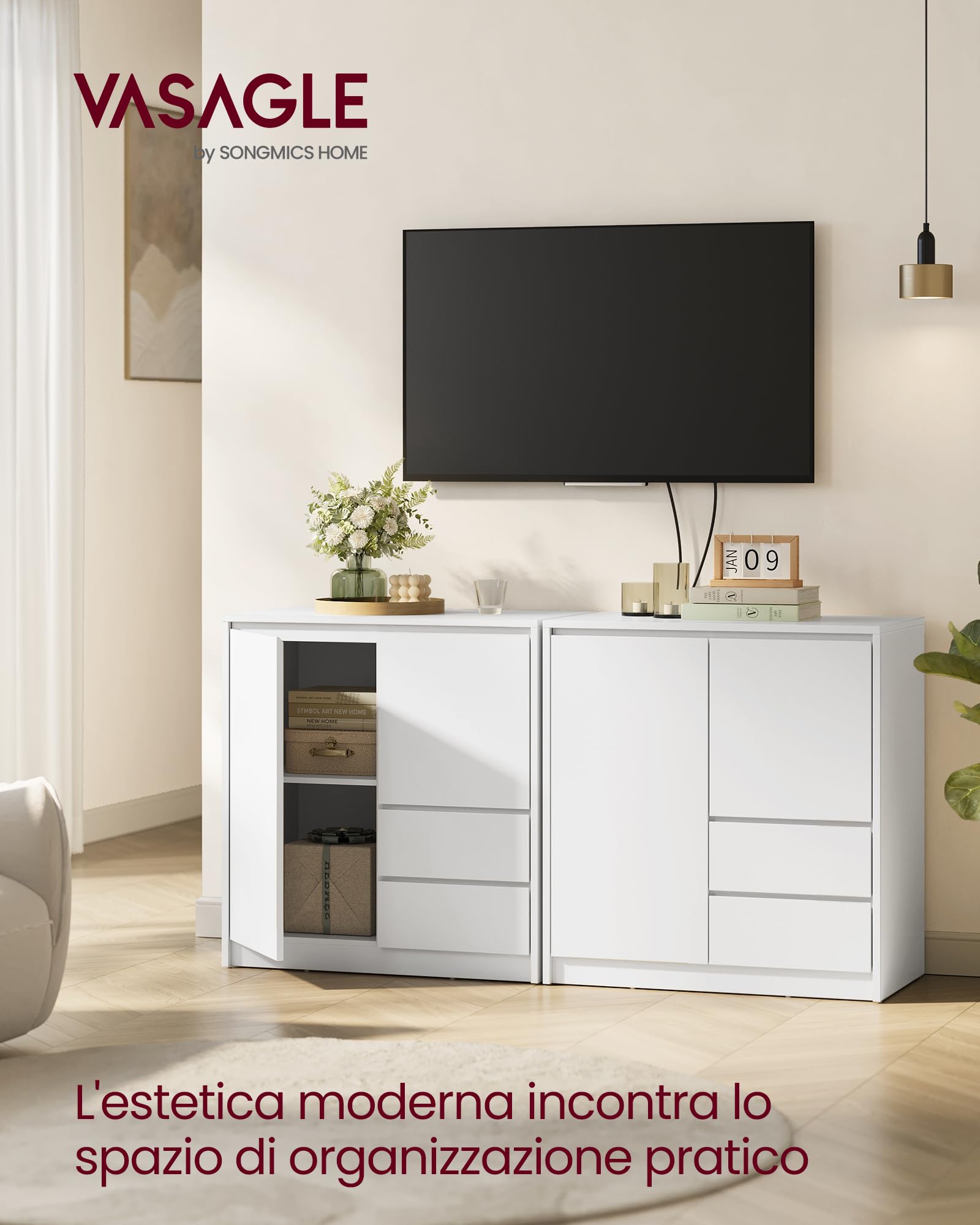 VASAGLE Collezione KAILYN - Credenza, Mobile Contenitore, con Anta e Ripiano Regolabile, 2 Cassetti, 40 x 70 x 74,5 cm, per Soggiorno, Sala da Pranzo, Ufficio, Bianco Nuvola BBK243W01V1