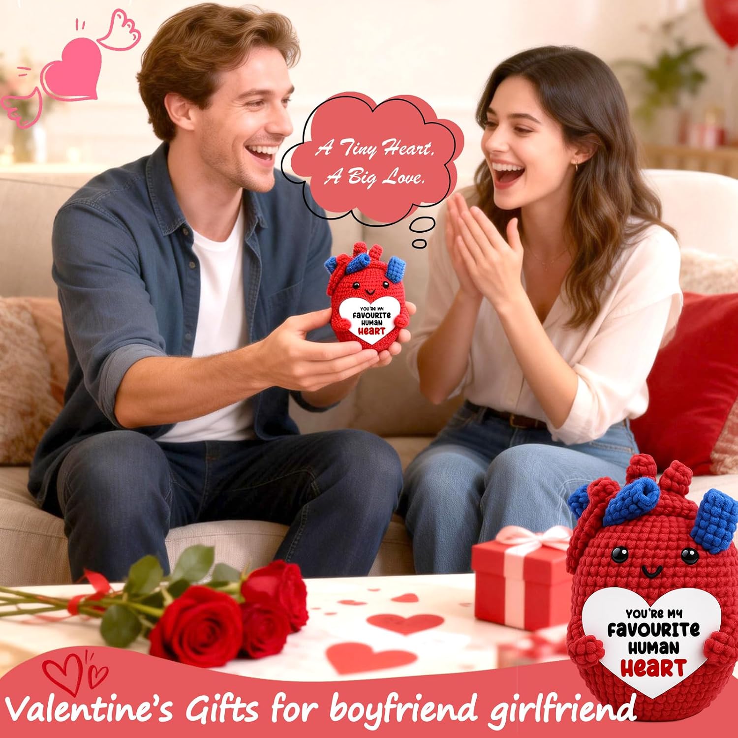 Mini Valentines Day Gifts for Him Her, Handmade Crochet Anatomical Heart Cute Playful Gift for Boyfriend Girlfriend Couples Husband Wife Romantic I Love You Anniversary Birthday Gifts for Women Men