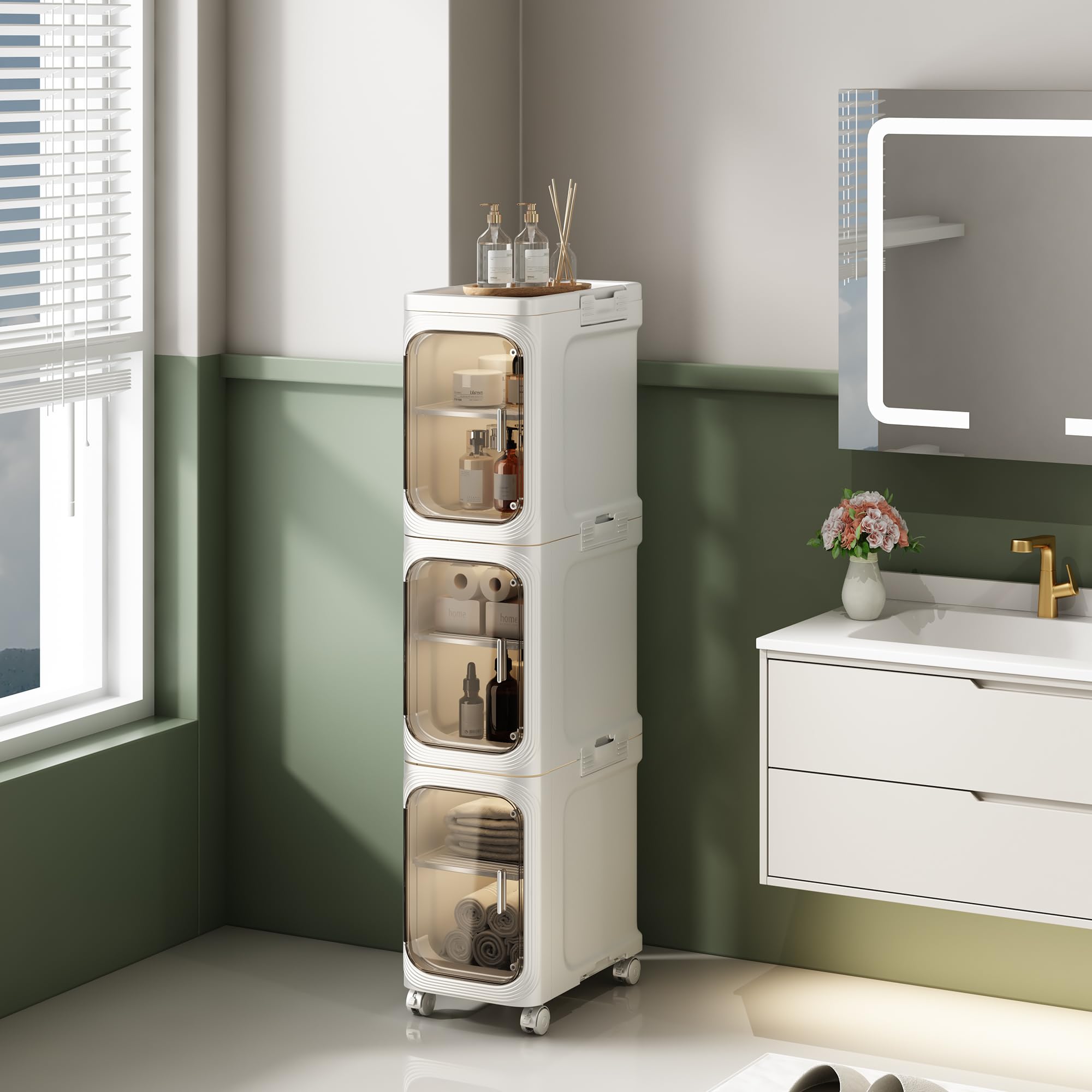 NETEL 3 Niveaux Boite Rangement Plastique，Colonne salle de bain avec séparateurs amovibles，Meuble de Rangement pour Toilette, rangement wc etroit， 20 x 33 x 97 cm, Blanc
