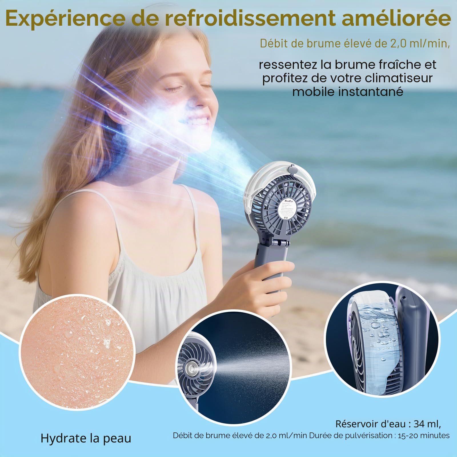 HandFan Ventilateur brumisateur portatif 5200 mAh avec batterie externe, réservoir d'eau de 34 ml, ventilateur personnel rechargeable, mini ventilateurs électriques à main pour la plage, les voyages