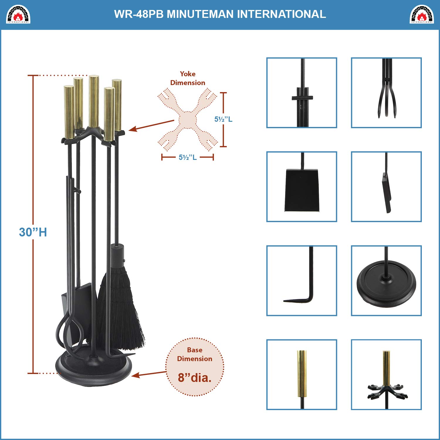 Minuteman International - Set di Attrezzi per Camino Ottone Lucido e Nero. Ottone Lucido e Nero.