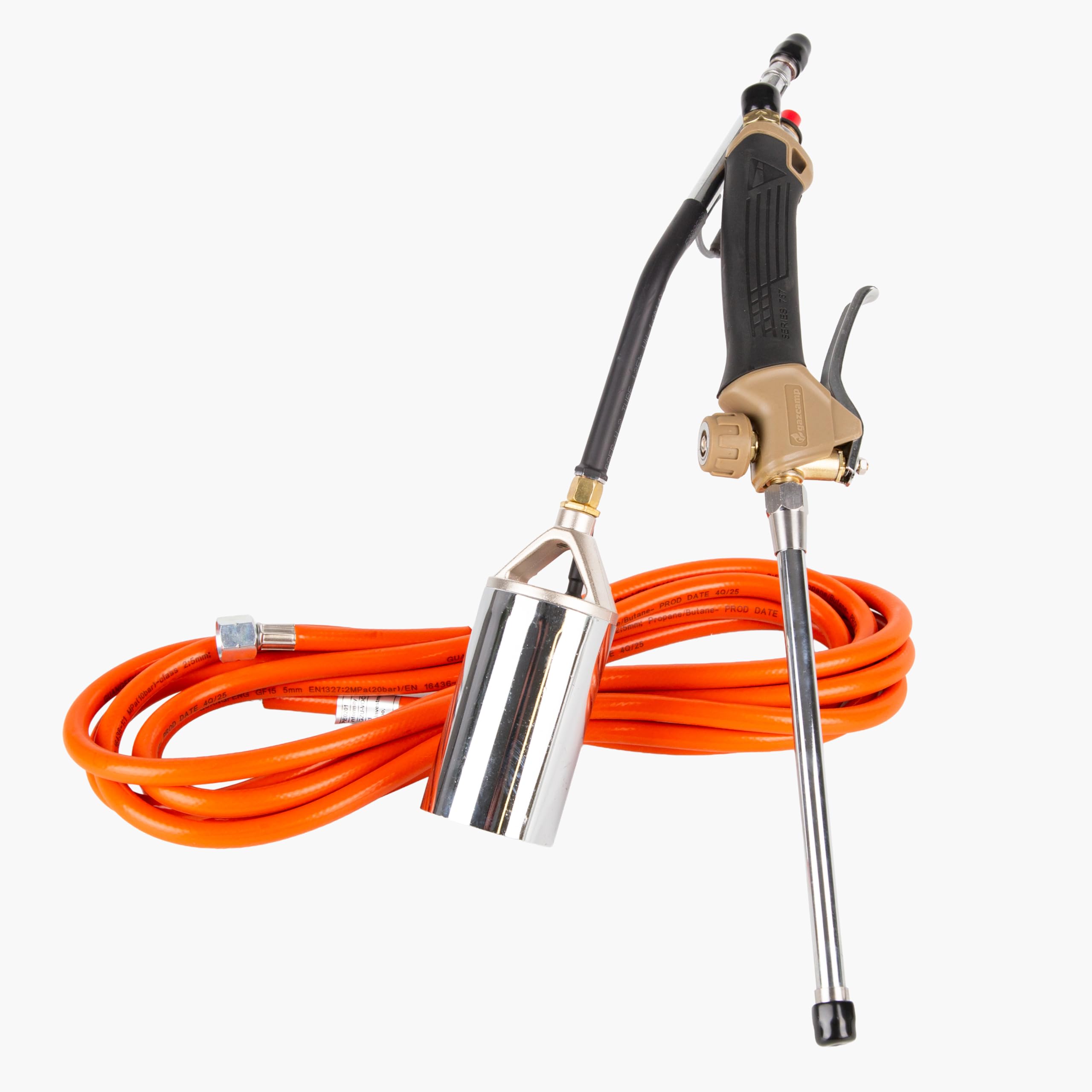Gazcamp PQ855 PZ Profi-Abflammgerät, 2-teilig mit Piezo-Zündung, 60mm Brennerkopf, 92cm Länge, 5m Propangasschlauch, für Dacharbeiten und Unkrautentfernung