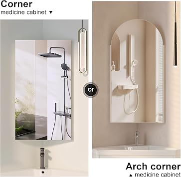 40x80 Corner Mirror Cabinet,Arched Bathroom Cabinets with Mirror | Mirrored Bathroom Cabinets Wall Mount,3 Shelves,Large Space,HD Copper-Free Silver Mirror,White Metal Edge Mirror Wall Cabinet