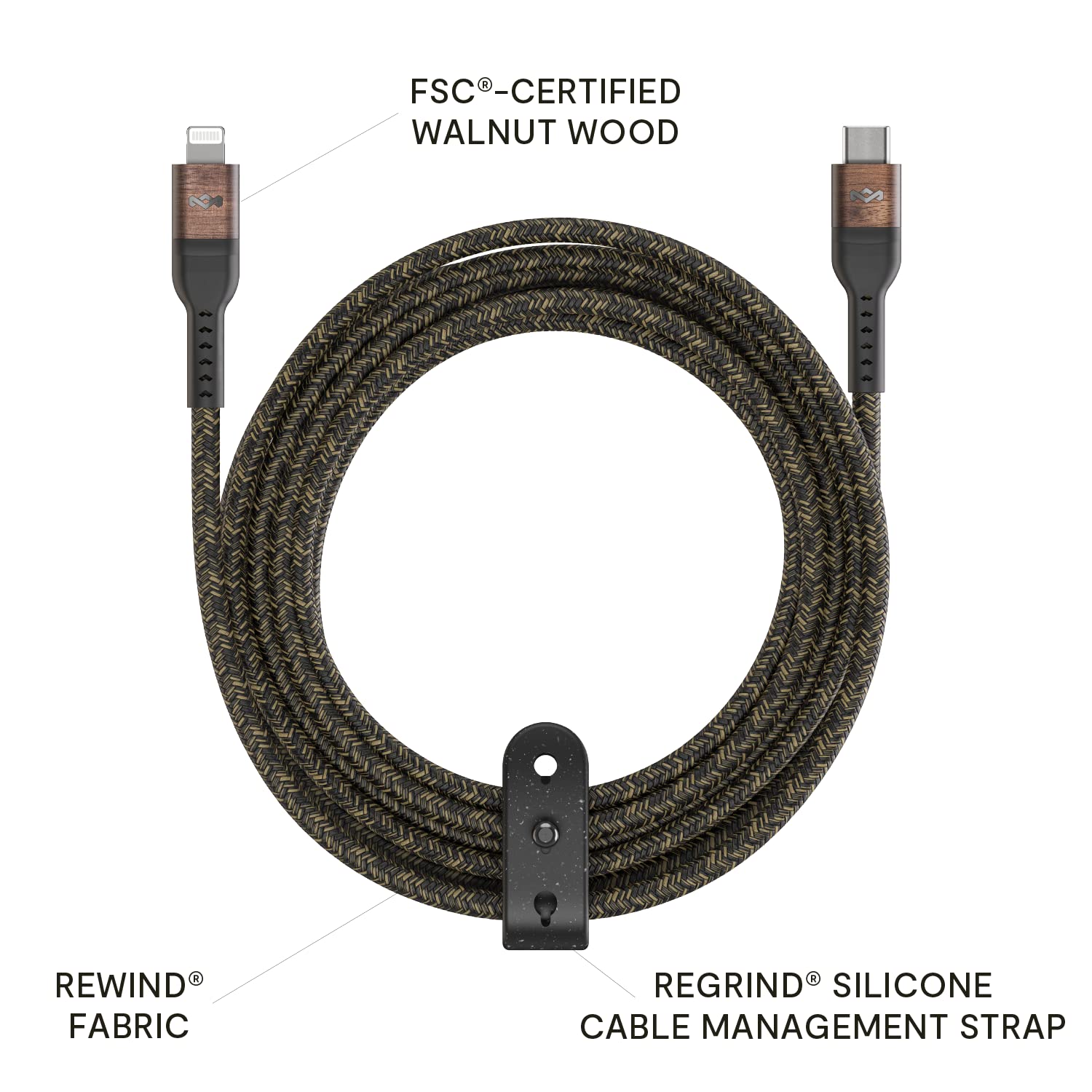 House of Marley Rewind USB-C to Lightning Cable: Braided Charging Cable, USB-IF and MFI-Certified,10ft Length, Made with Sustainable Materials