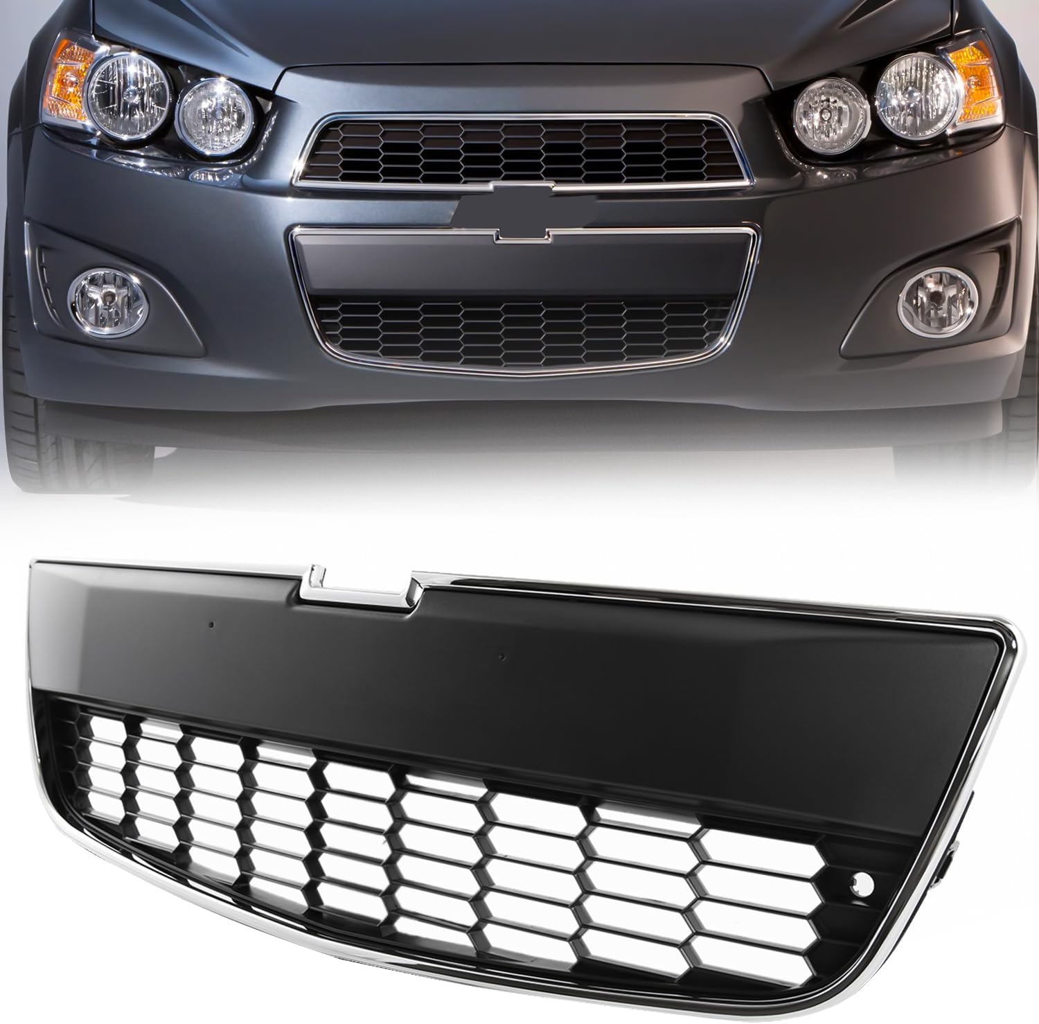 Front Bumper Lower Grille Grill Chrome Black Compatible with 2012-2016 Chevrolet Sonic 95227395 GM1036139