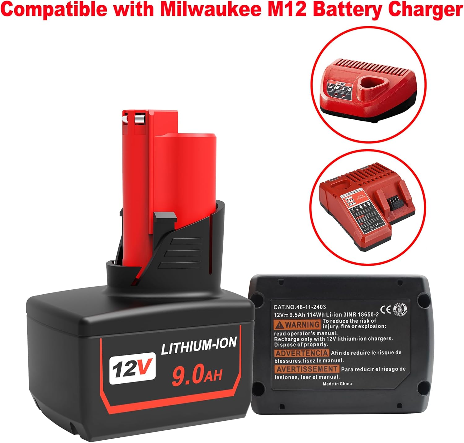 Replacement for Milwaukee M12 Battery 9.0Ah, Replace for Milwaukee 12V Battery 48-11-2440 48-11-2460 48-11-2411 48-11-2420, Compatible with 12 Volt Cordless Power Tools and Charger - Image 4