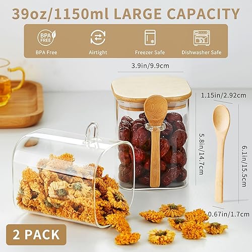 Miniatura 2 de Tarros de vidrio con tapas y cucharas herméticas de bambú, 2 recipientes de avena de 38.9 fl oz39 onzas con tapas, recipientes de vidrio para