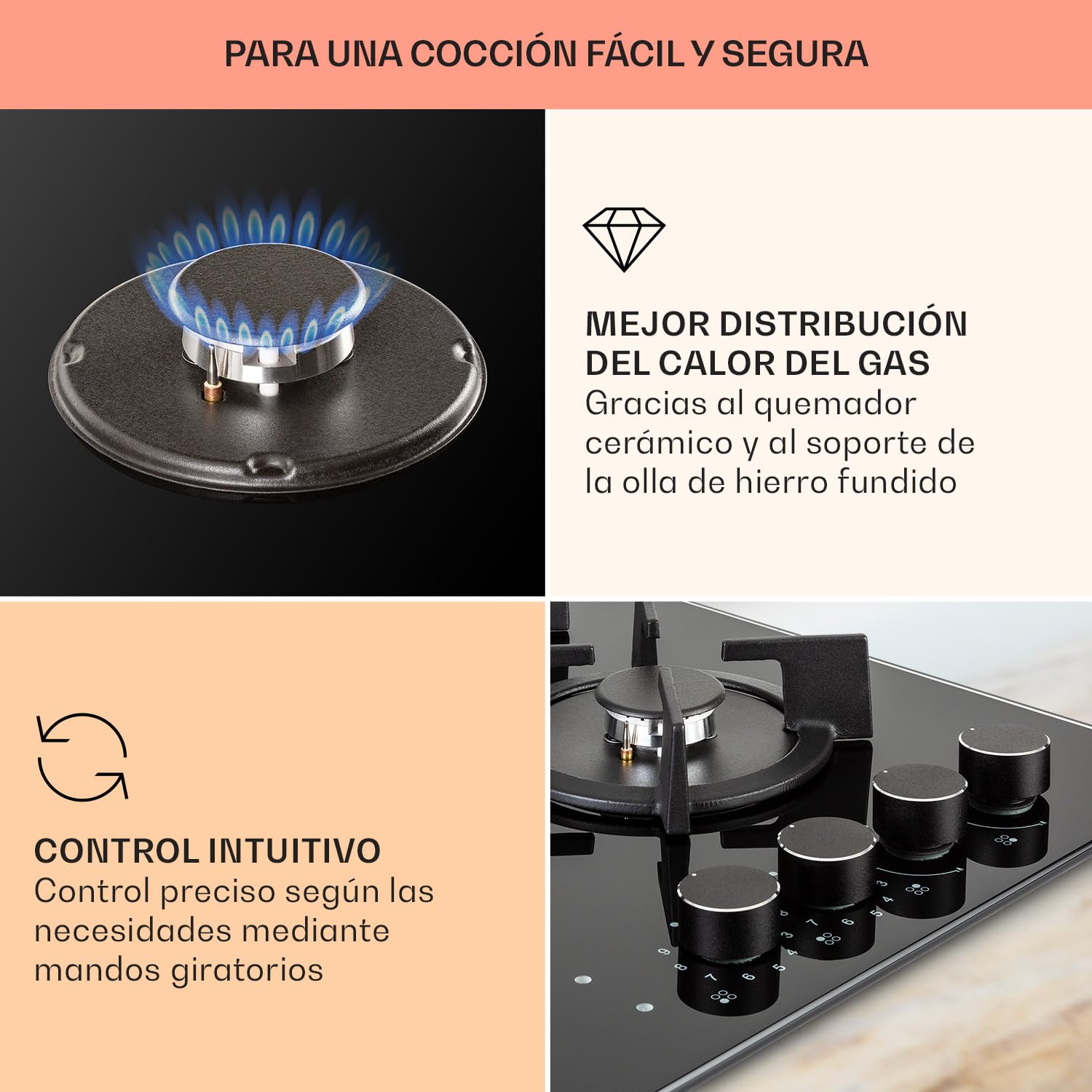 Klarstein Encimera Cocina de Gas, 4 Quemadores, Placa de Gas 6.4kW para Cocina, Cocinas de con Quemador Wok de Acero Inoxidable, Encimera 4 Fuegos con Quemadores de para Casa