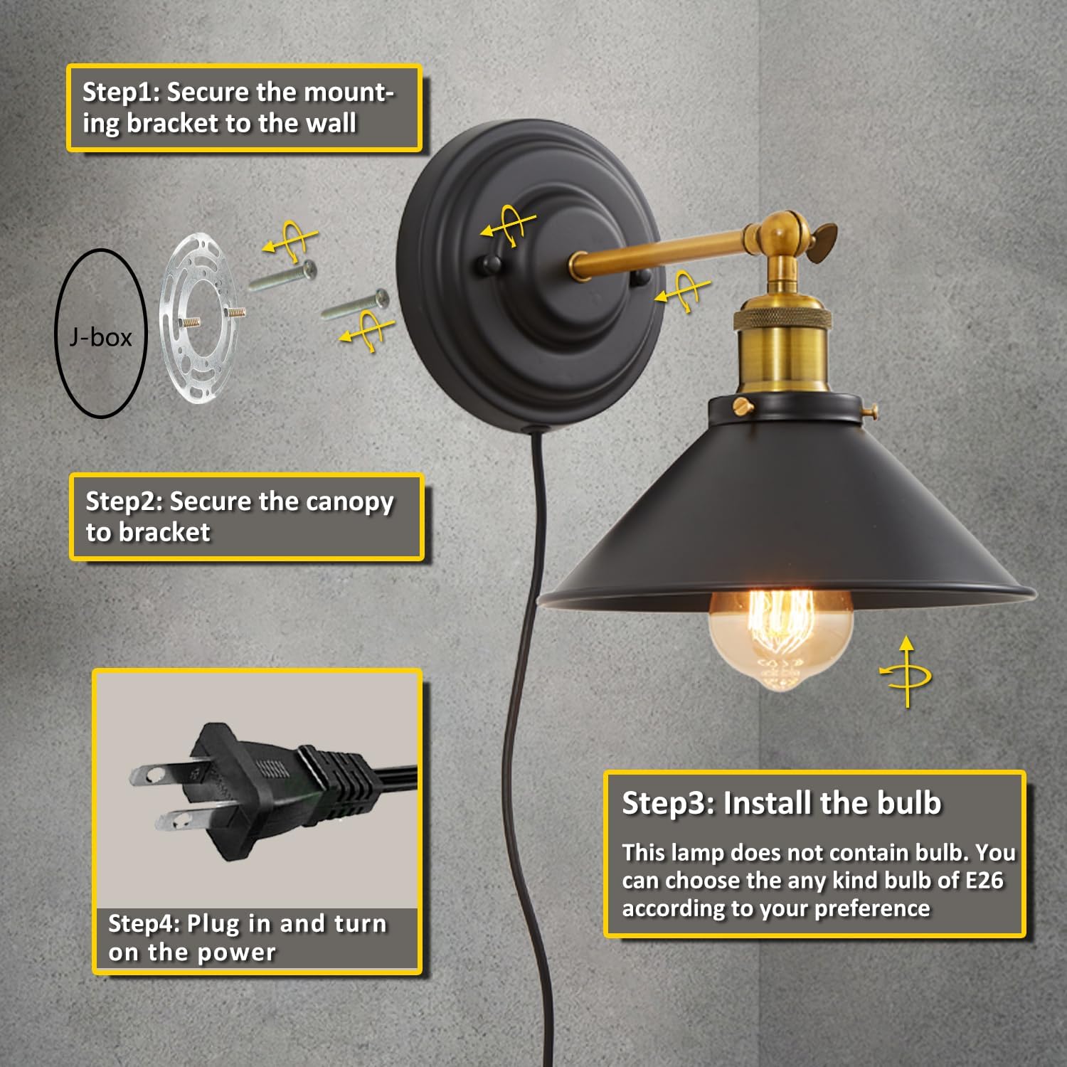 Lightess Plug in Wall Sconces Set of 2, Vintage Plug in Wall Light with 6FT On/Off Switch, Rotatable Mounted Lamps for Bedroom Living Room