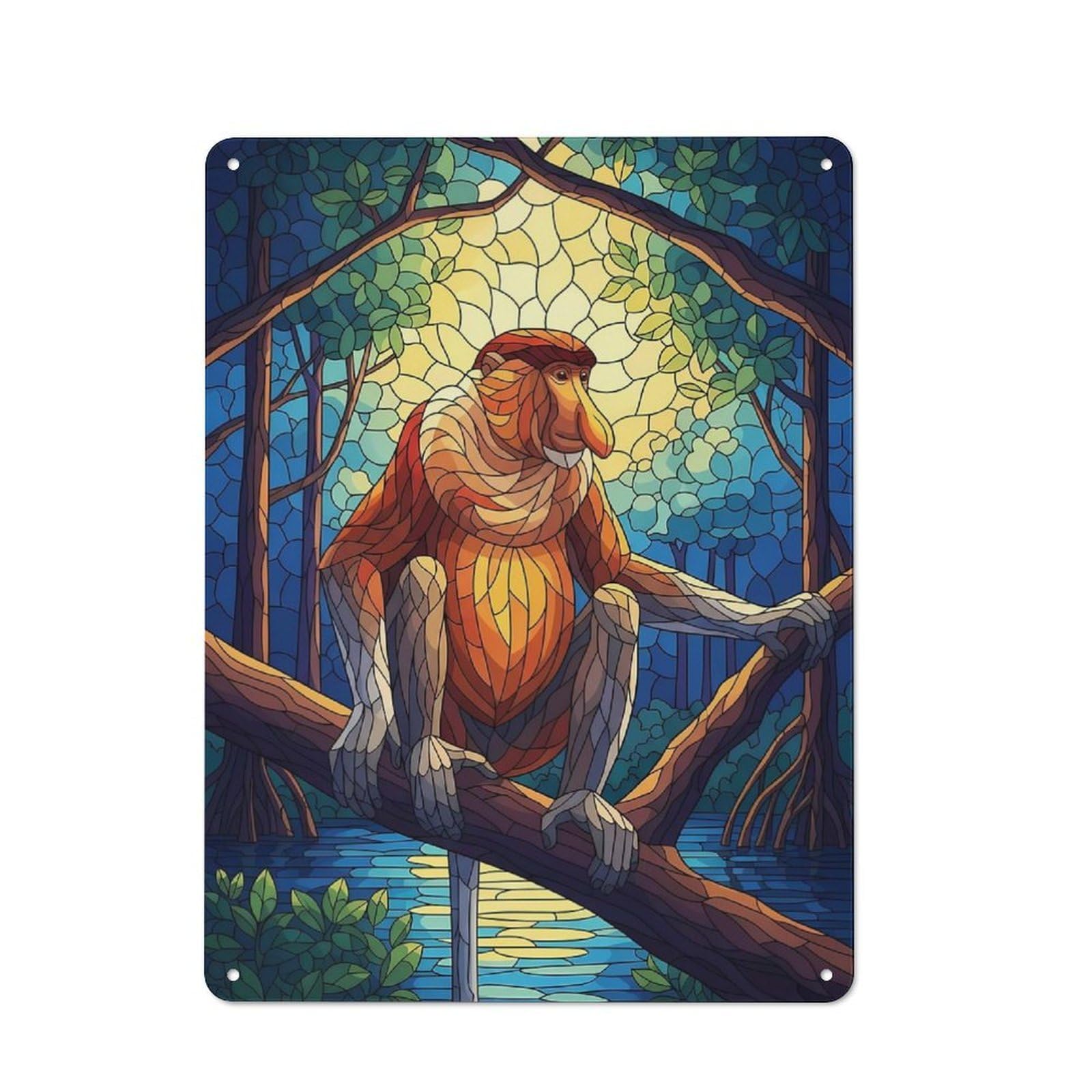 Junmoney Proboscis Monkey Stained Glass Illustration Retro Printed Metal Sign 40X30cm For Living Room Wall, Wall Decor For People Reorganising Living Room