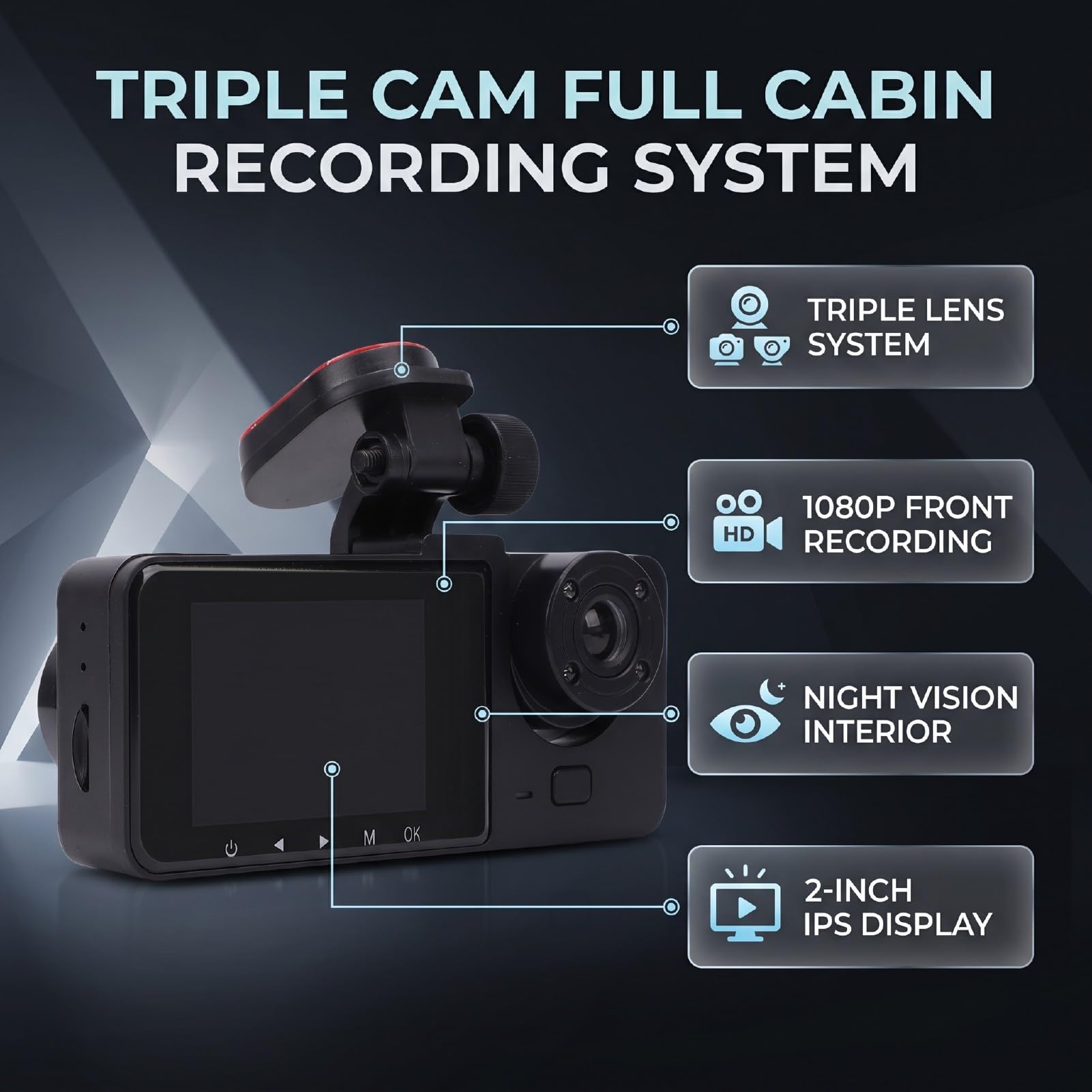 Dash Cam a 3 1080P Anteriore e Posteriore Interna con Grandangolo | Custodia in ABS, Schermo IPS da 2,0 Pollici, Batteria da 320 MAh, Supporta la Registrazione con Avvio Automatico da 32 GB