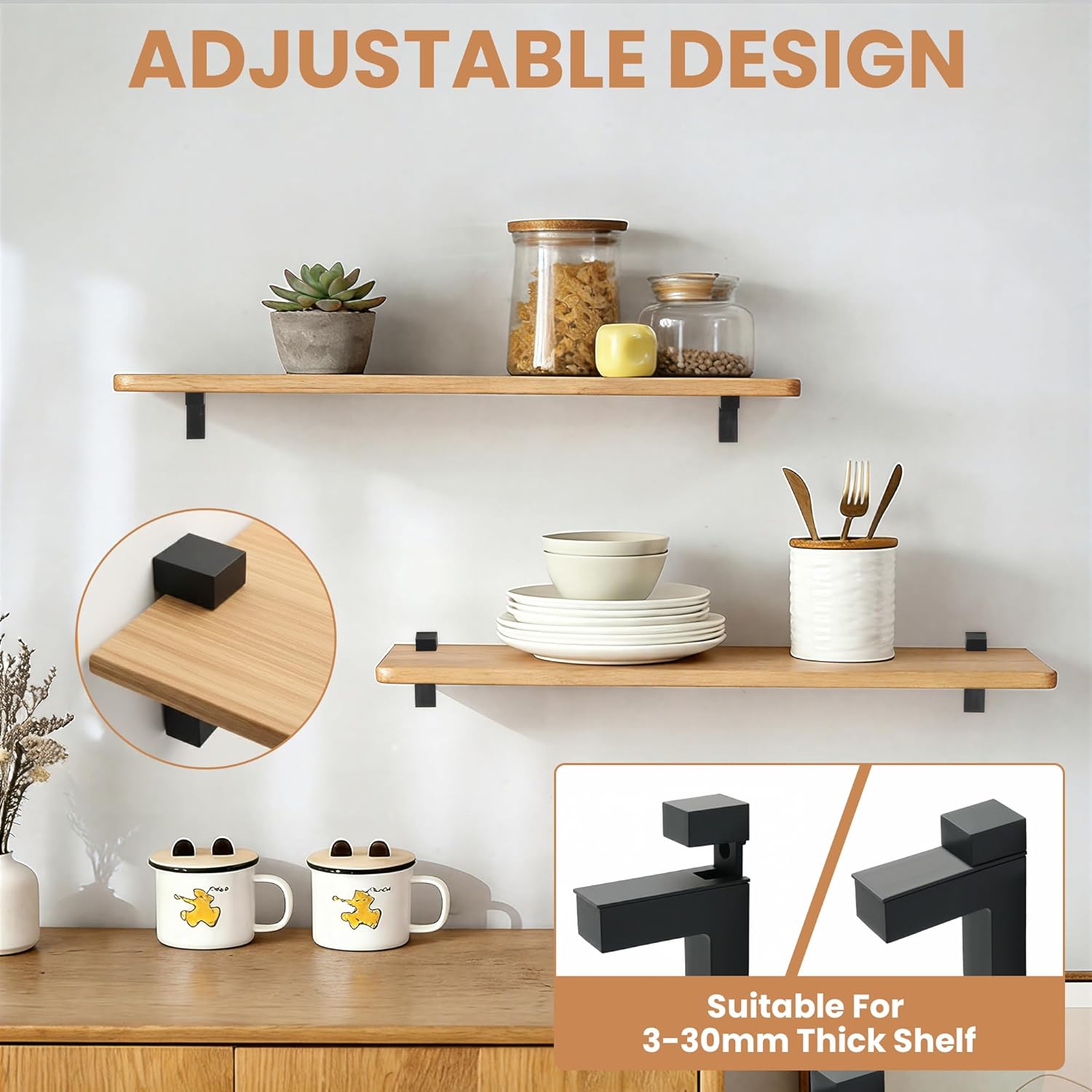 Alise 2Pcs Glass Shelf Brackets, Adjustable Floating Shelf Bracket, Heavy Duty Brackets Clamp Clip Holder for 3-30mm Glass Wood Acrylic Board Shelves Wall Mount, Black Finish