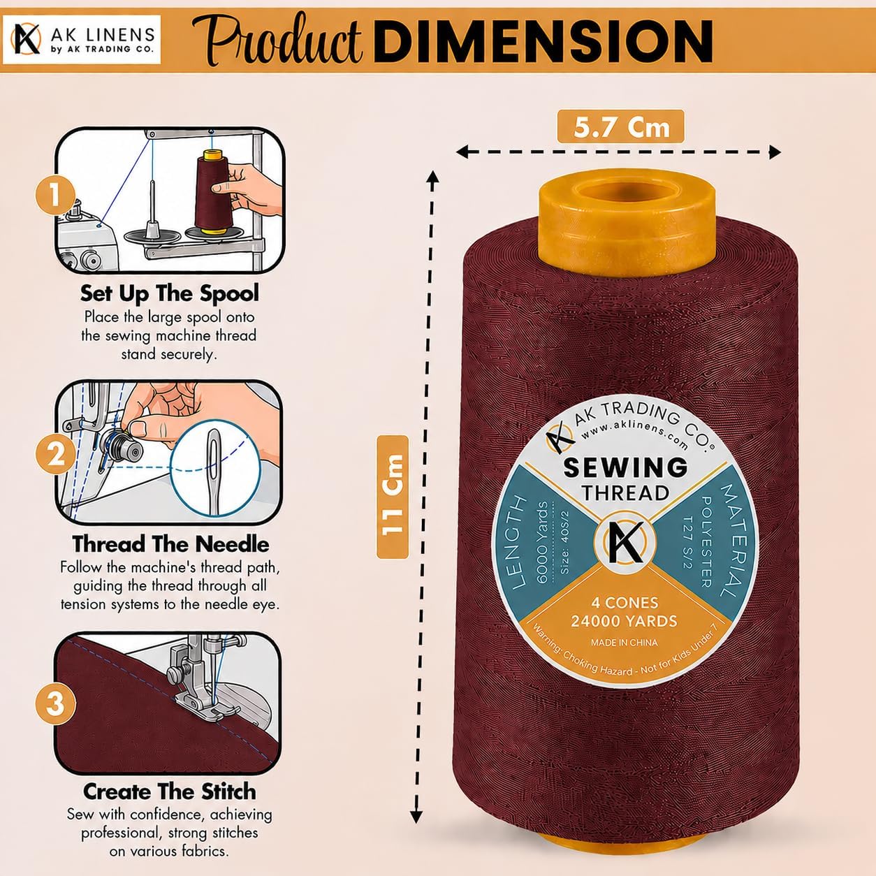 AK Trading 4-Pack Burgundy All Purpose Sewing Thread Cones (6000 Yards Each) of High Tensile Polyester Thread Spools for Sewing, Quilting, Serger Machines, Overlock, Merrow & Hand Embroidery. image 2