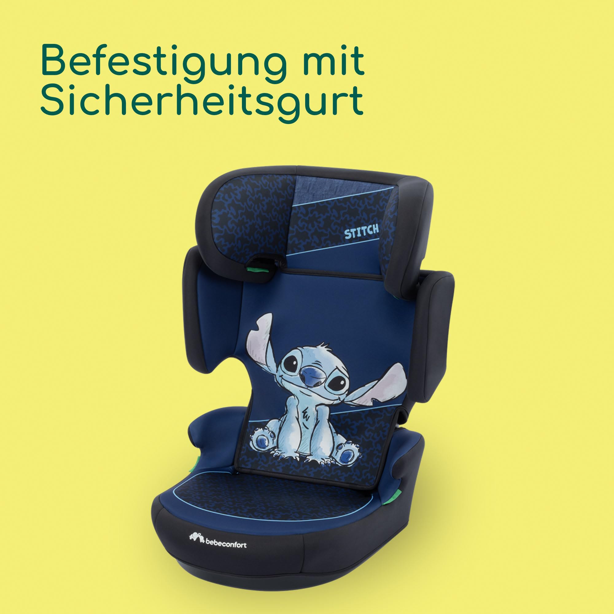 Bebeconfort Disney RoadSafe i-Size, Kindersitzerhöhung mit Rückenlehne, 3,5–12 Jahre (100–150 cm), Klappbarer Kindersitz Stitch Disney, Gurtinstallation, 14 Kopfstützenpositionen, Authentic Stitch