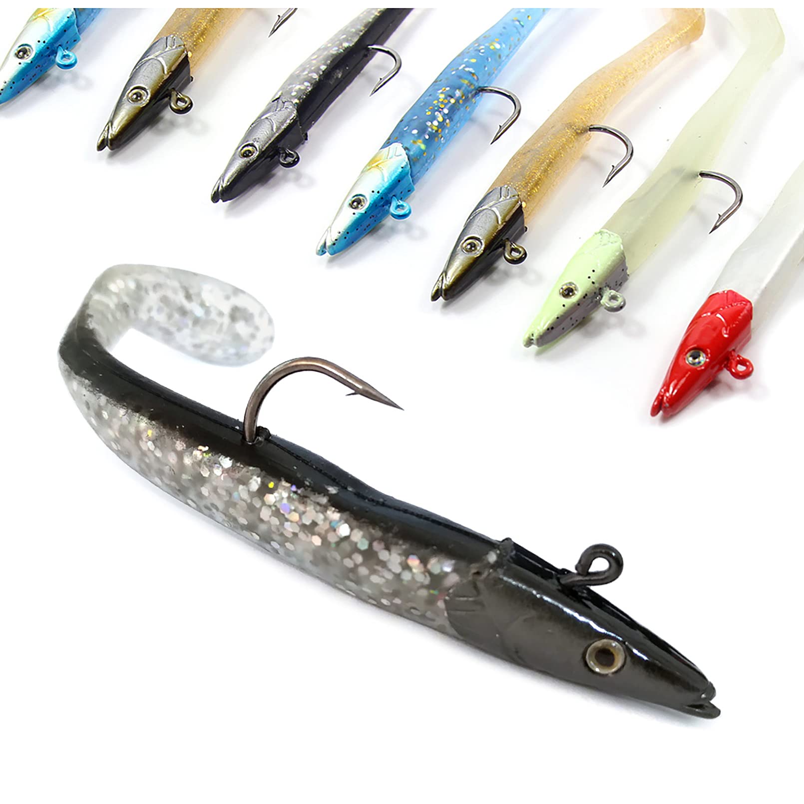 Set 12 Esche Da Pesca Morbide In Silicone T-Coda – Con Teste Piombate E 2 Luminose, Affondanti, Per Luccio, Spigola E Trota