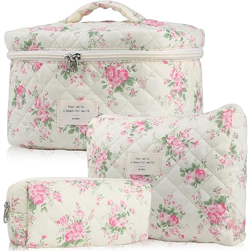 Cute Makeup Bag for Women(2 Pcs), Travel Cosmetic Bags, Quilted Coquette Aesthetic Floral Toiletry Organizer Bag (21 - Pink Flower)