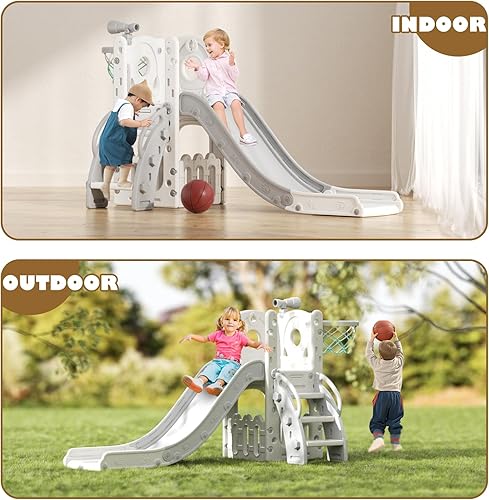 Miniatura 8 de Glaf Juego de tobogán 6 en 1 para exteriores para niños pequeños de 1 a 3 años, tobogán para bebés con aro de baloncesto y espacio de almacenamiento