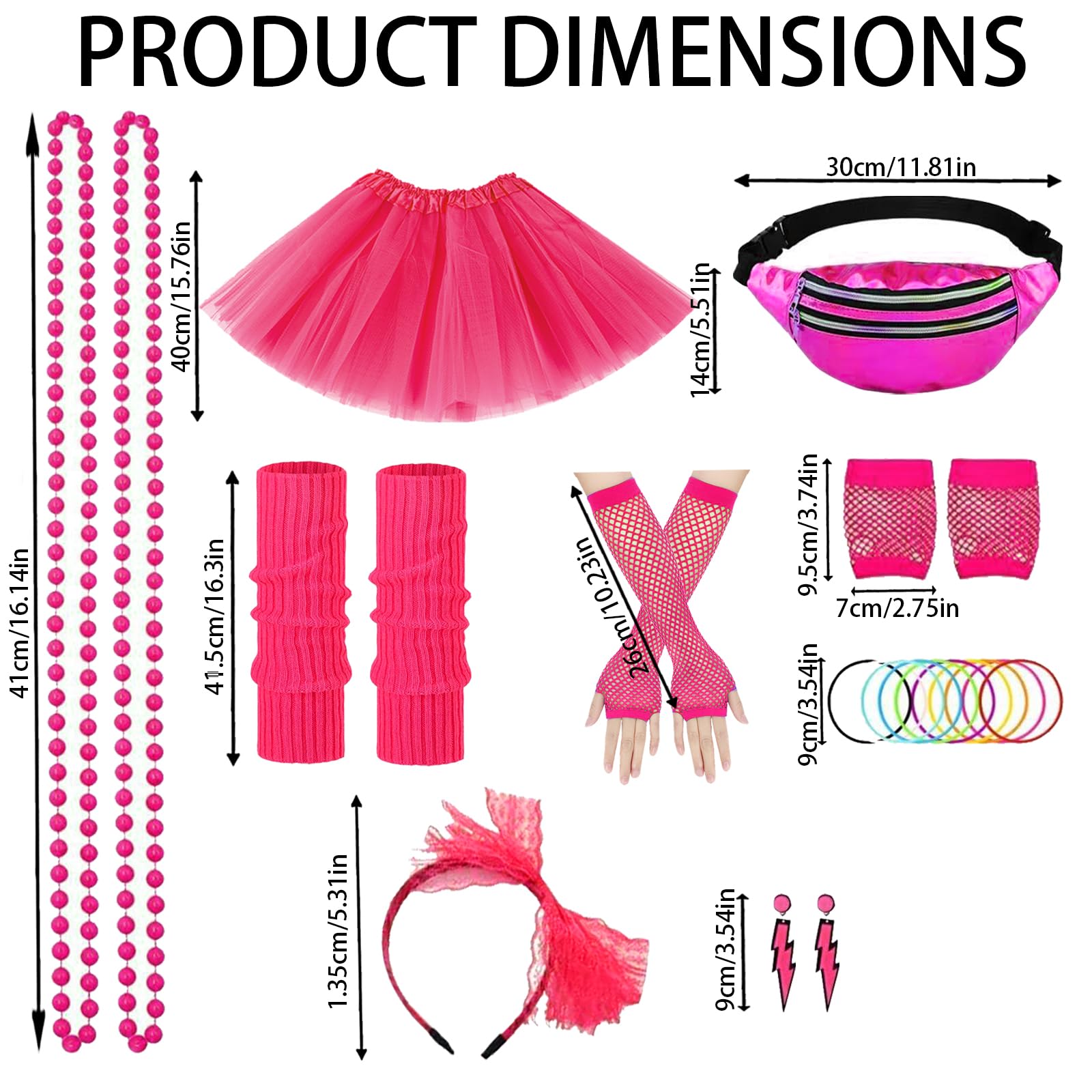 YOUYIKE Disfraz Años 80 Mujer Accesorios S/M/L/XL/XXL,Camiseta, Riñonera, Tutú, Diadema, Collar, Pendiente, Ropa Años 80 Disfraz Carnival Christmas Halloween Cosplay
