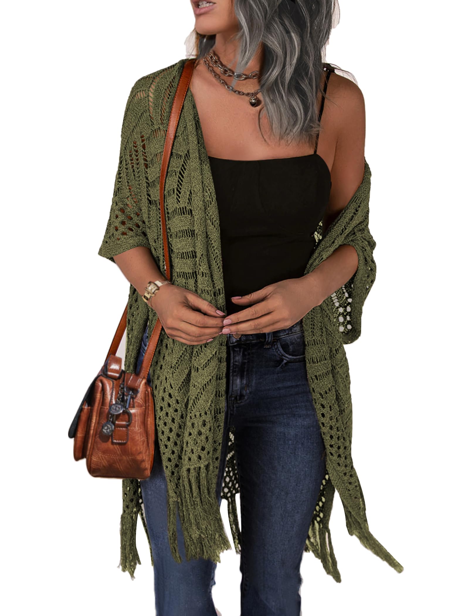 HOTOUCH Womens Knit Cardigan Open Front Hollow Out Crochet Tassel