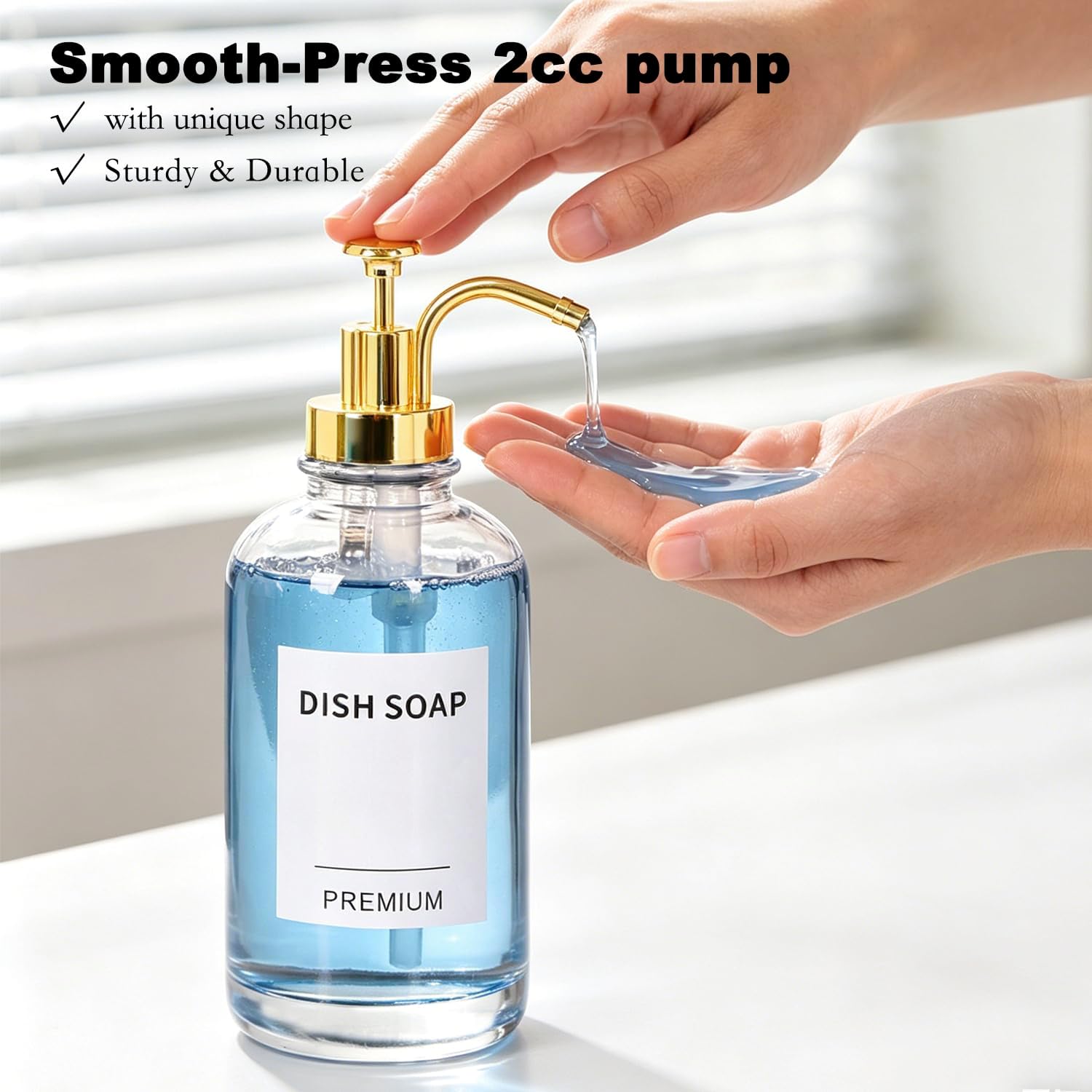 Dish Soap Dispenser for Kitchen, Hand Glass Soap Dispenser Set with Pump, Tray, Funnel for Bathroom, Shower, Laundry, Liquid, Lotion (Gold 2 Pack 18 Oz Clear Bottles with 12 Stickers)
