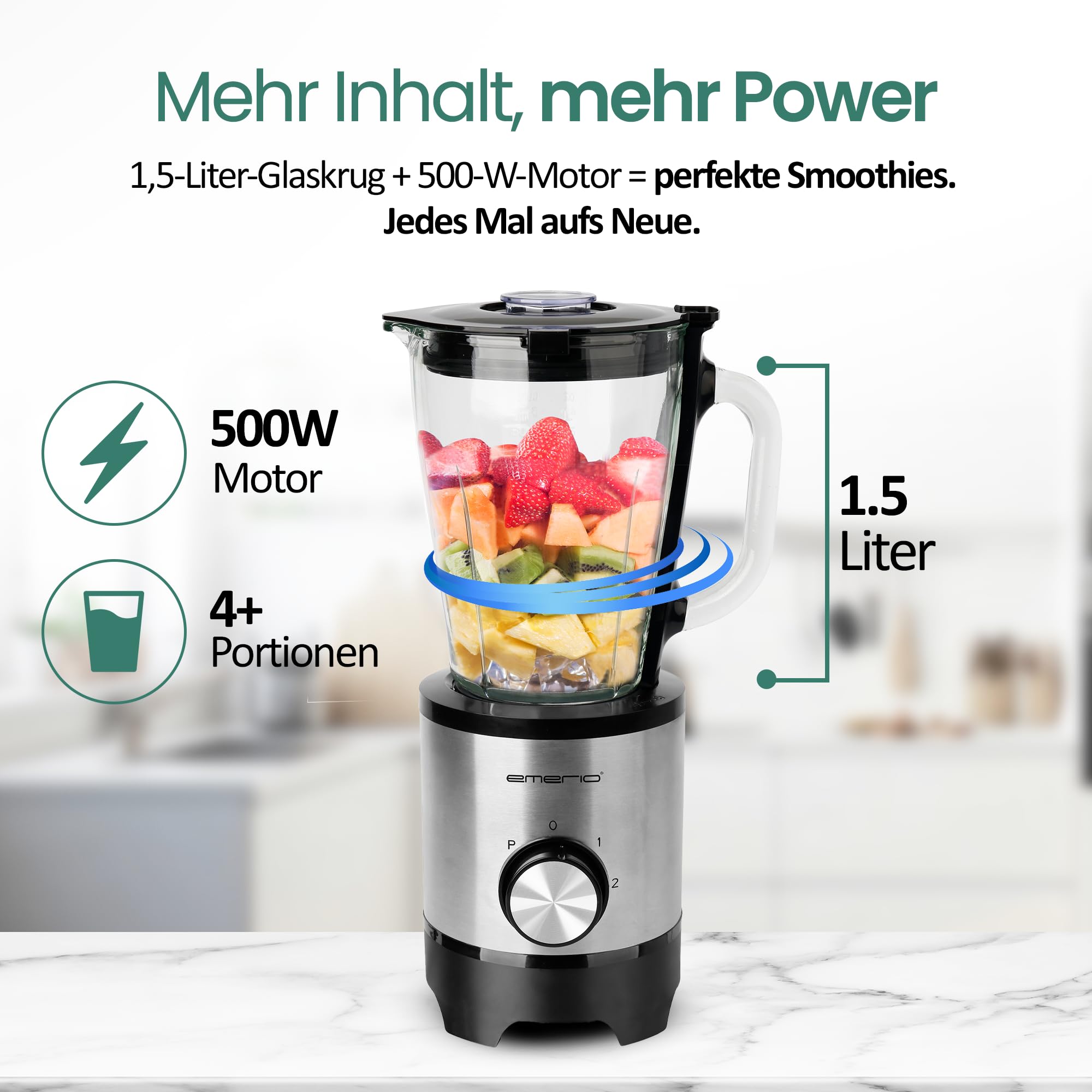 EMERIO BL-130988 - Frullatore con contenitore in vetro da 1,5 l, senza BPA, funzione Crush Ice | 2 velocità + funzione Pulse | 4 coltelli in acciaio inox | 2 interruttori di sicurezza in brocca e