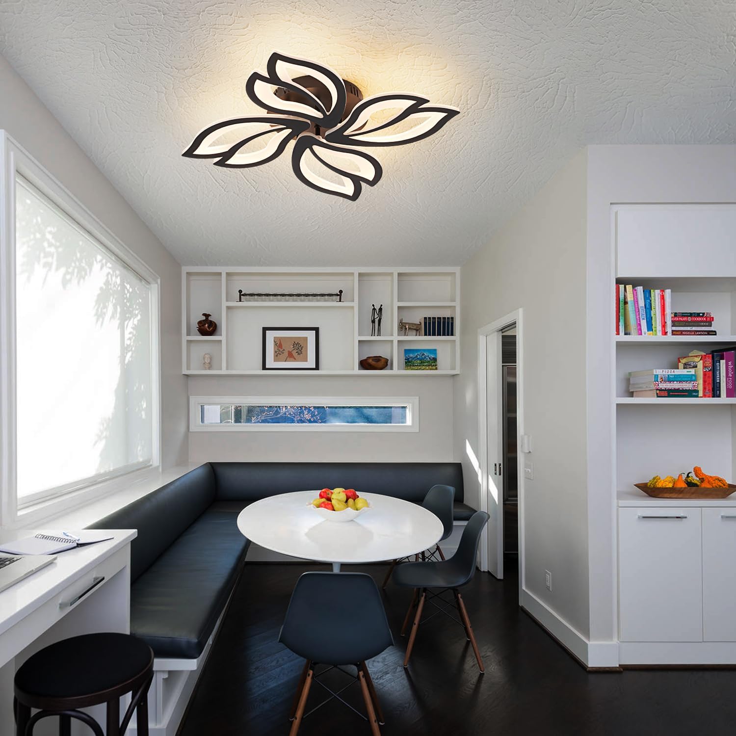 Modern Black Ceiling Light Fixture, 24" Flower Dimmable LED Light Fixtures, Low Profile Flush Mount Ceiling Light with Remote Control for Bedroom, Kitchen, Living Room