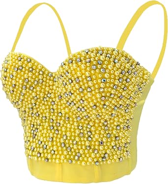 ELLACCI Sexy Pearls Beaded Rhinestone Bustier Crop Top Push up Corset Top with Detachable Straps Yellow